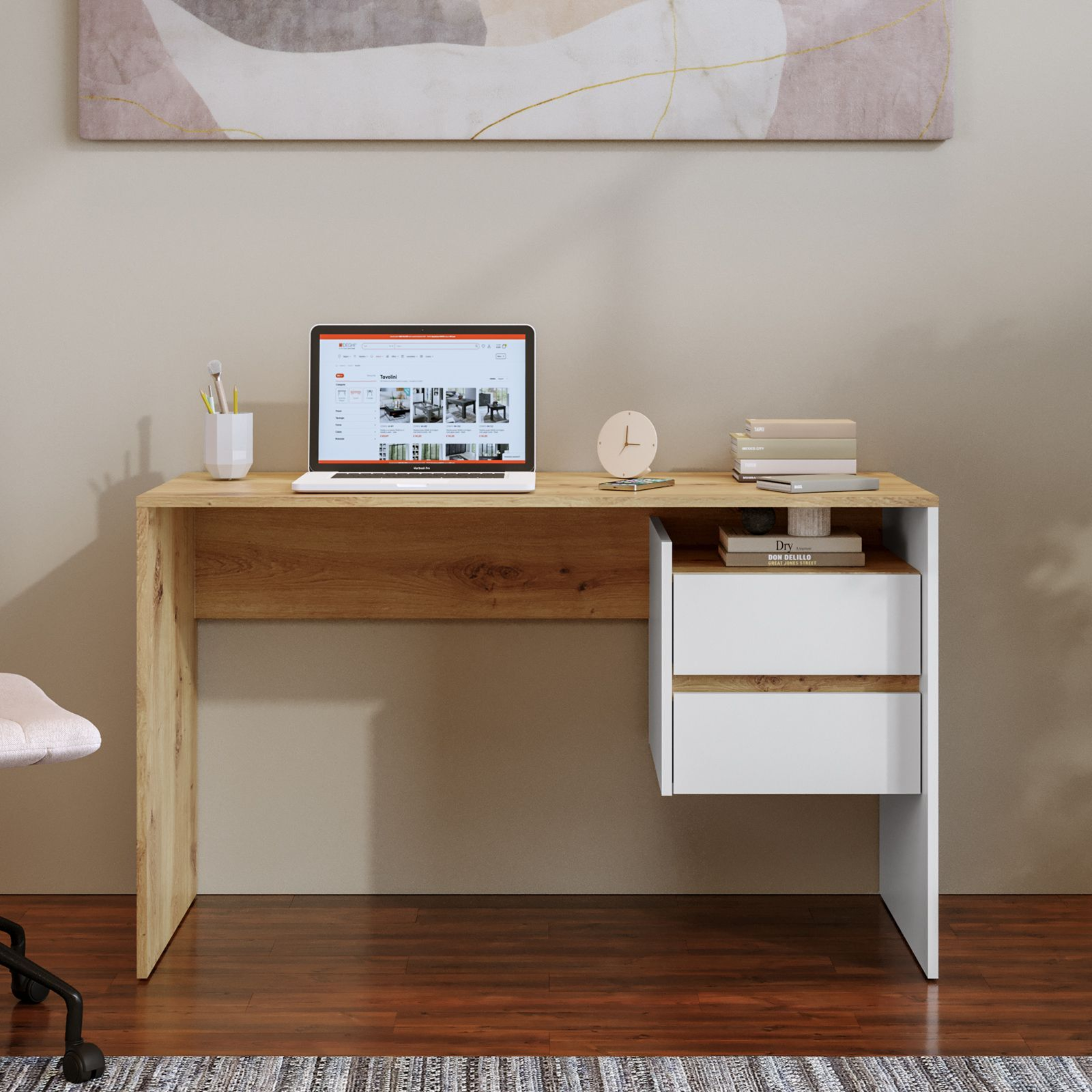 "Fifo" linear wooden desk with 2 modern drawers, 125x51 cm, 75 cm high.