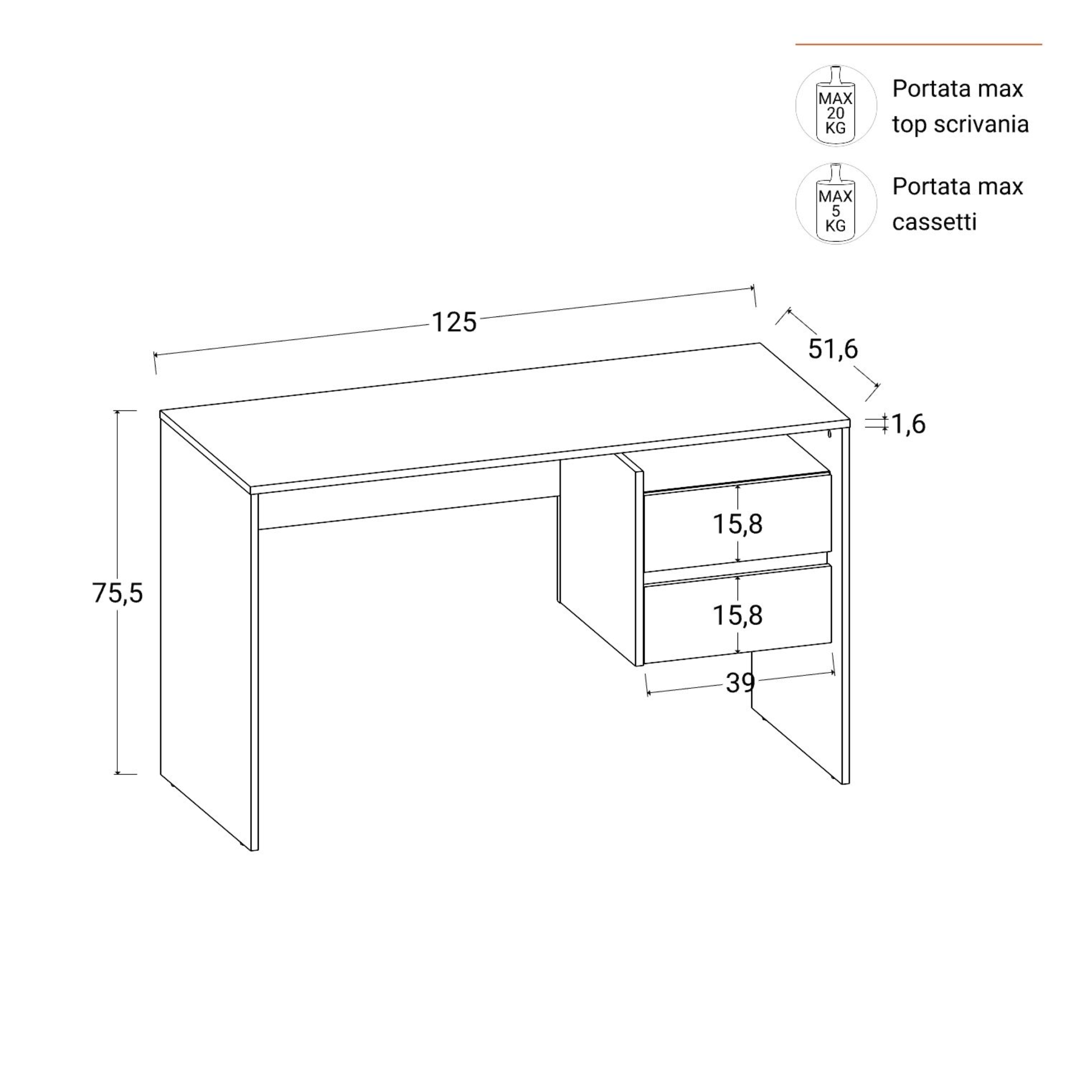 "Fifo" linear wooden desk with 2 modern drawers, 125x51 cm, 75 cm high.