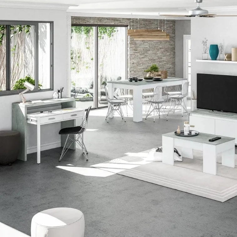 "Roma" pull-out desk in concrete wood with white compartment and drawers 36x99 cm 88h