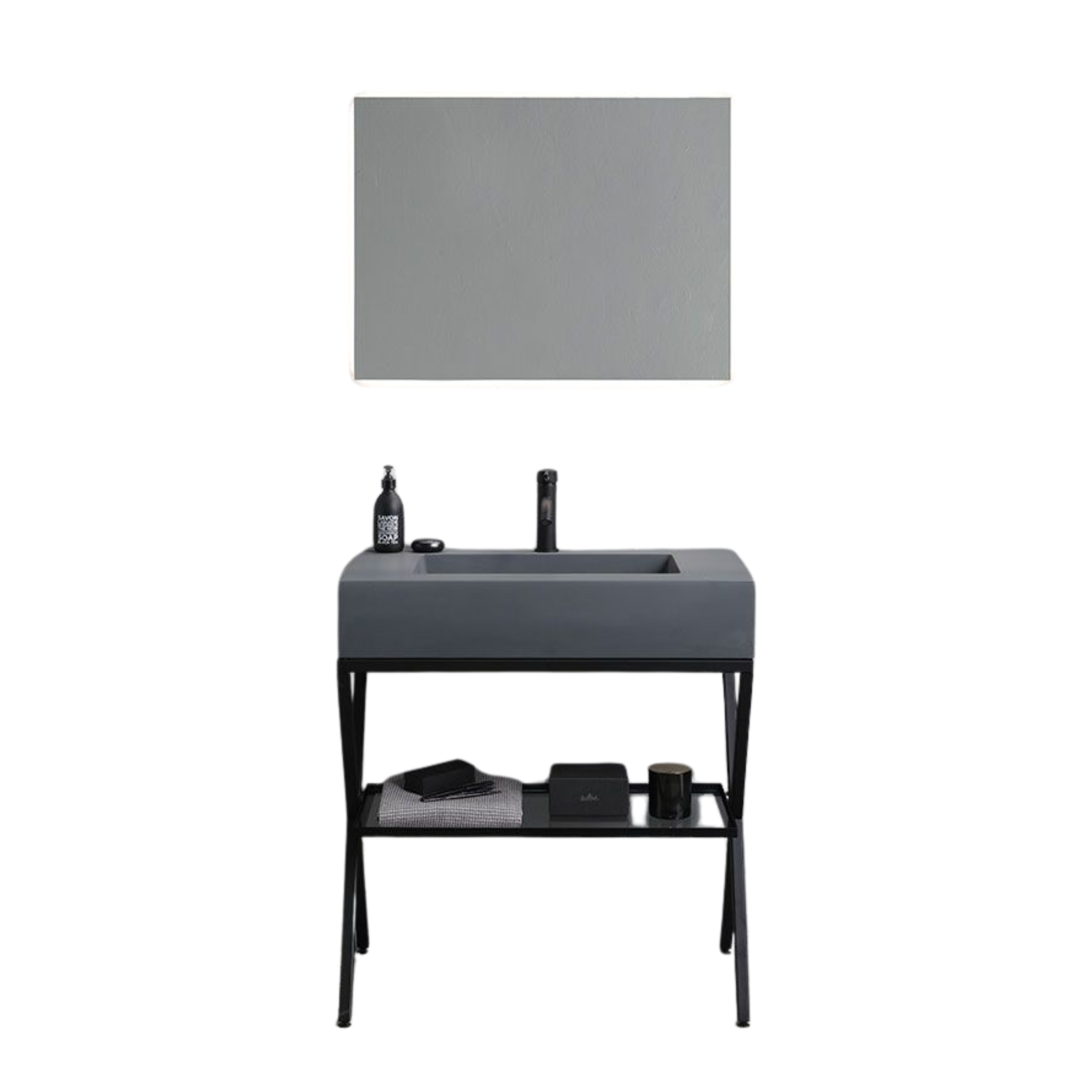 "Figi" 80cm grey resin floor-standing bathroom cabinet with grey sink and rectangular LED backlit mirror