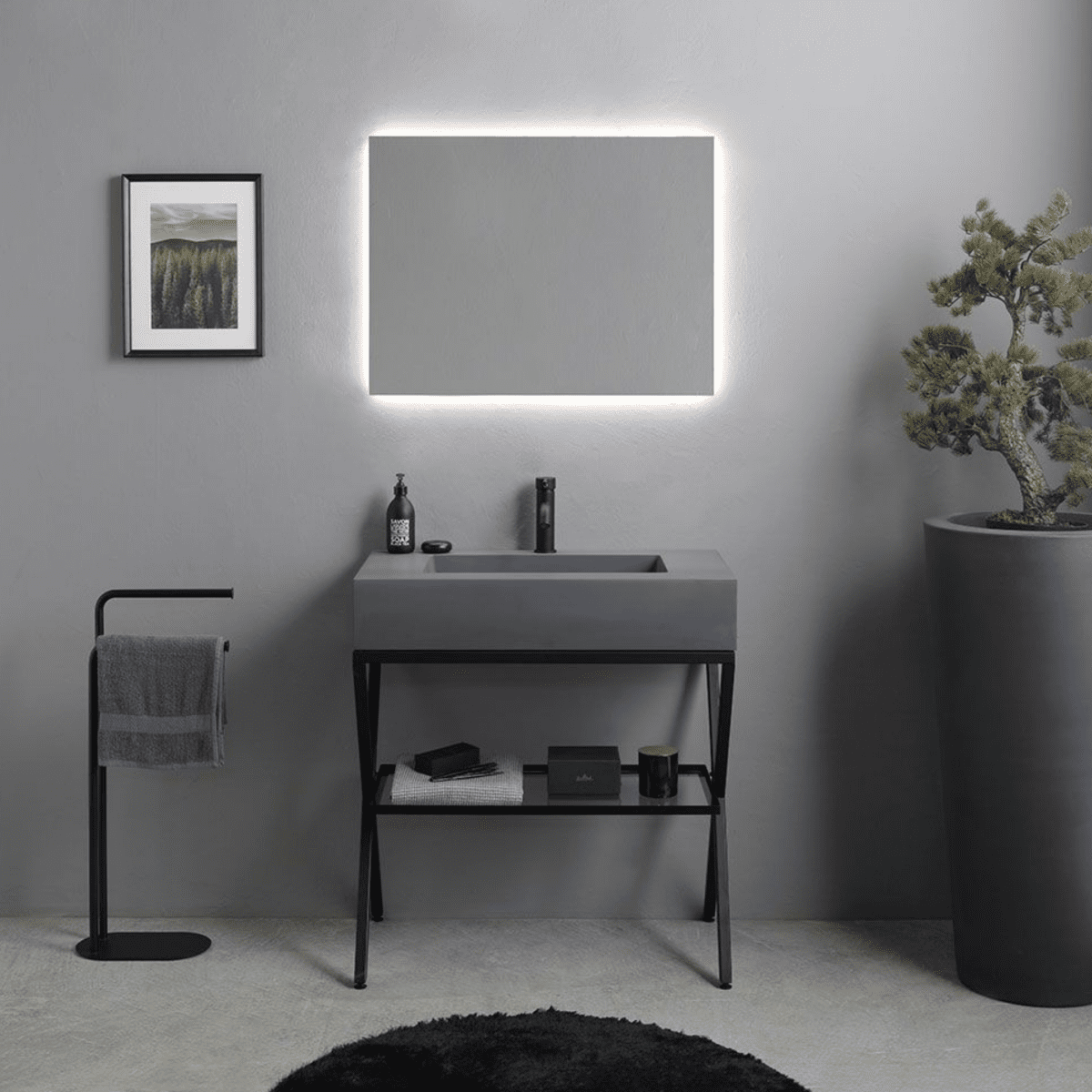 Mobile bagno a terra resina grigio "Figi" 80 cm con lavabo grigio e specchio rettangolare LED retroilluminato - MondoViro