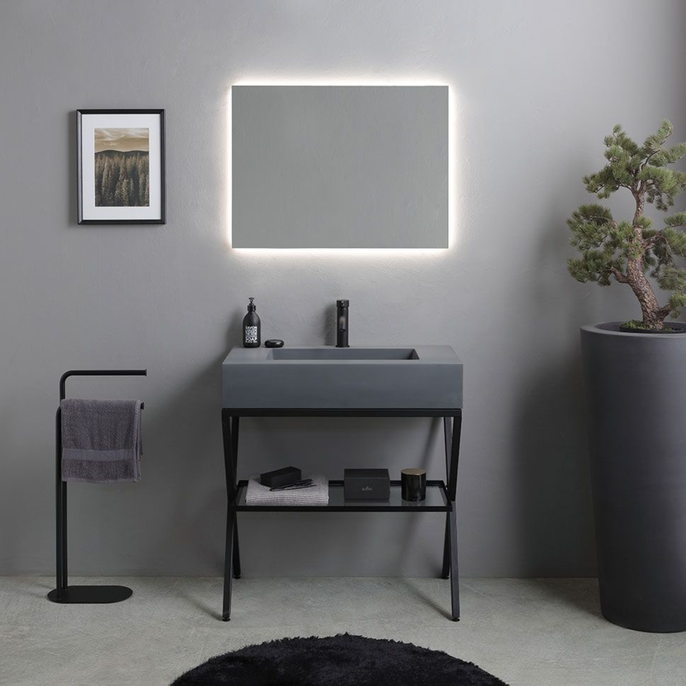 "Figi" 80cm grey resin floor-standing bathroom cabinet with grey sink and rectangular LED backlit mirror