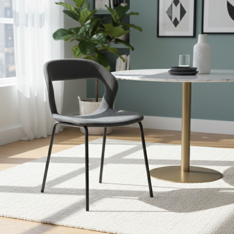 Set of "Gildus" upholstered chairs in fabric with enveloping backrest and central opening cm 54x51 87h