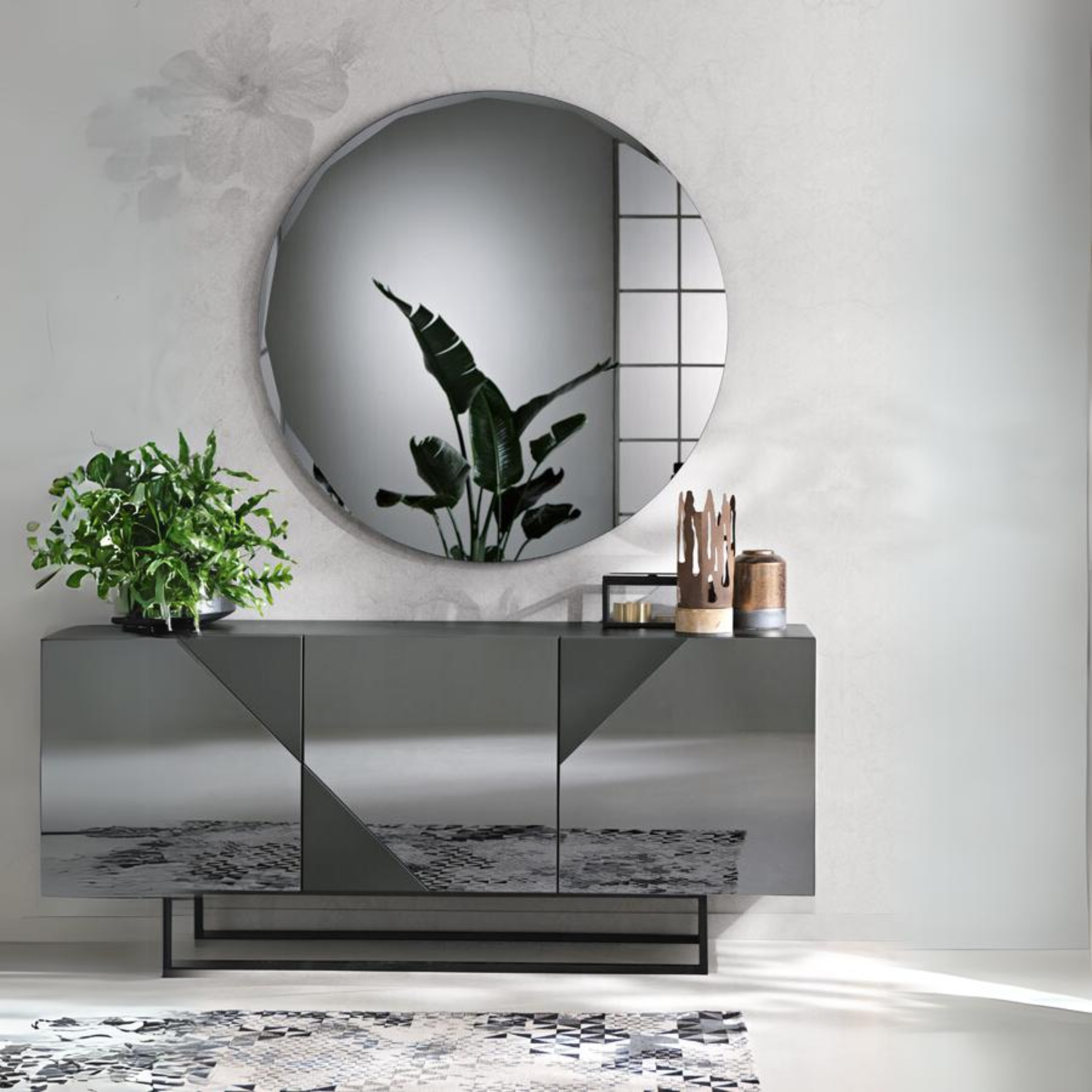 "Pretty" modern round wall mirror with side bevel detail