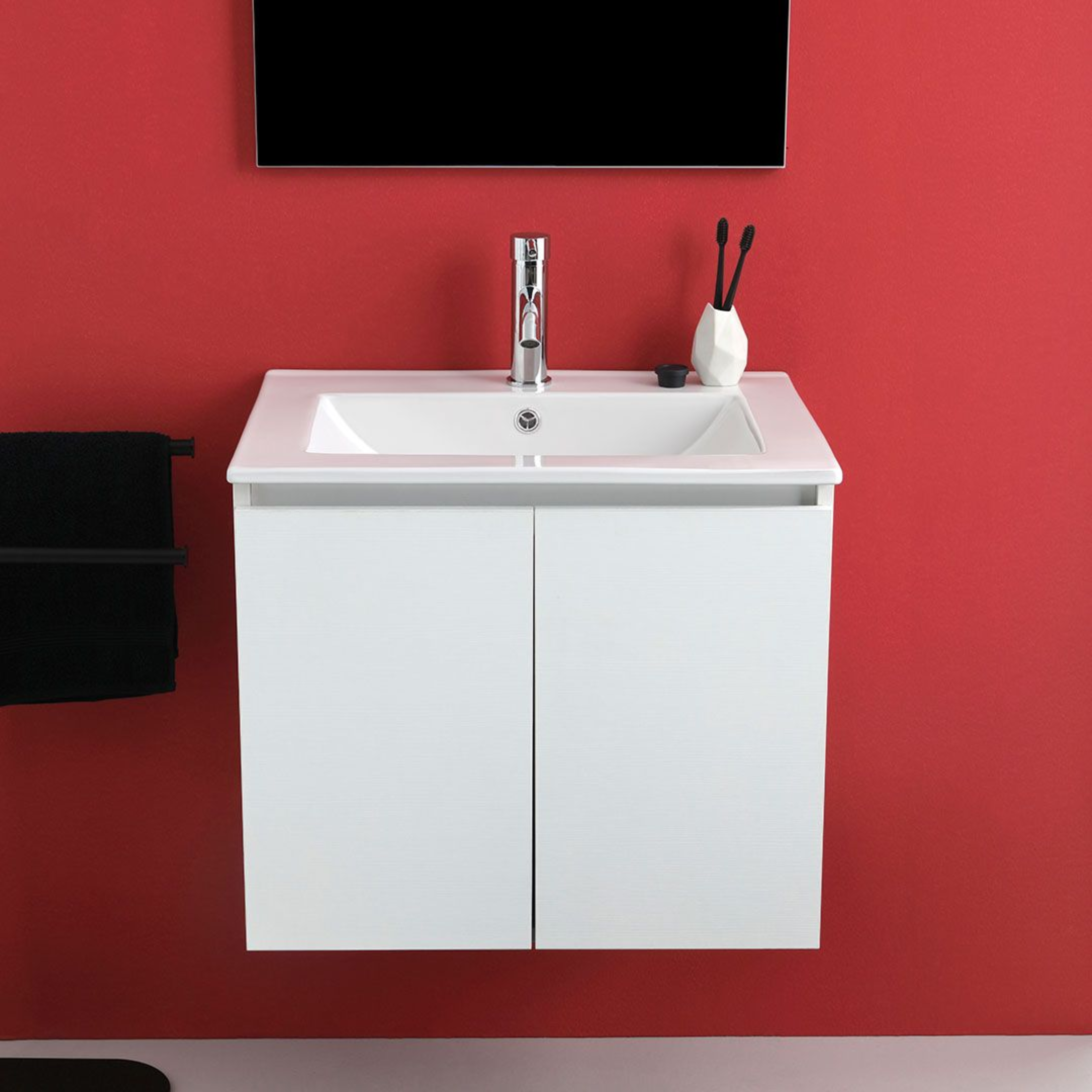 White "Hydra" bathroom cabinet, 60 cm, wall-hung, with 2 doors, sink and mirror.