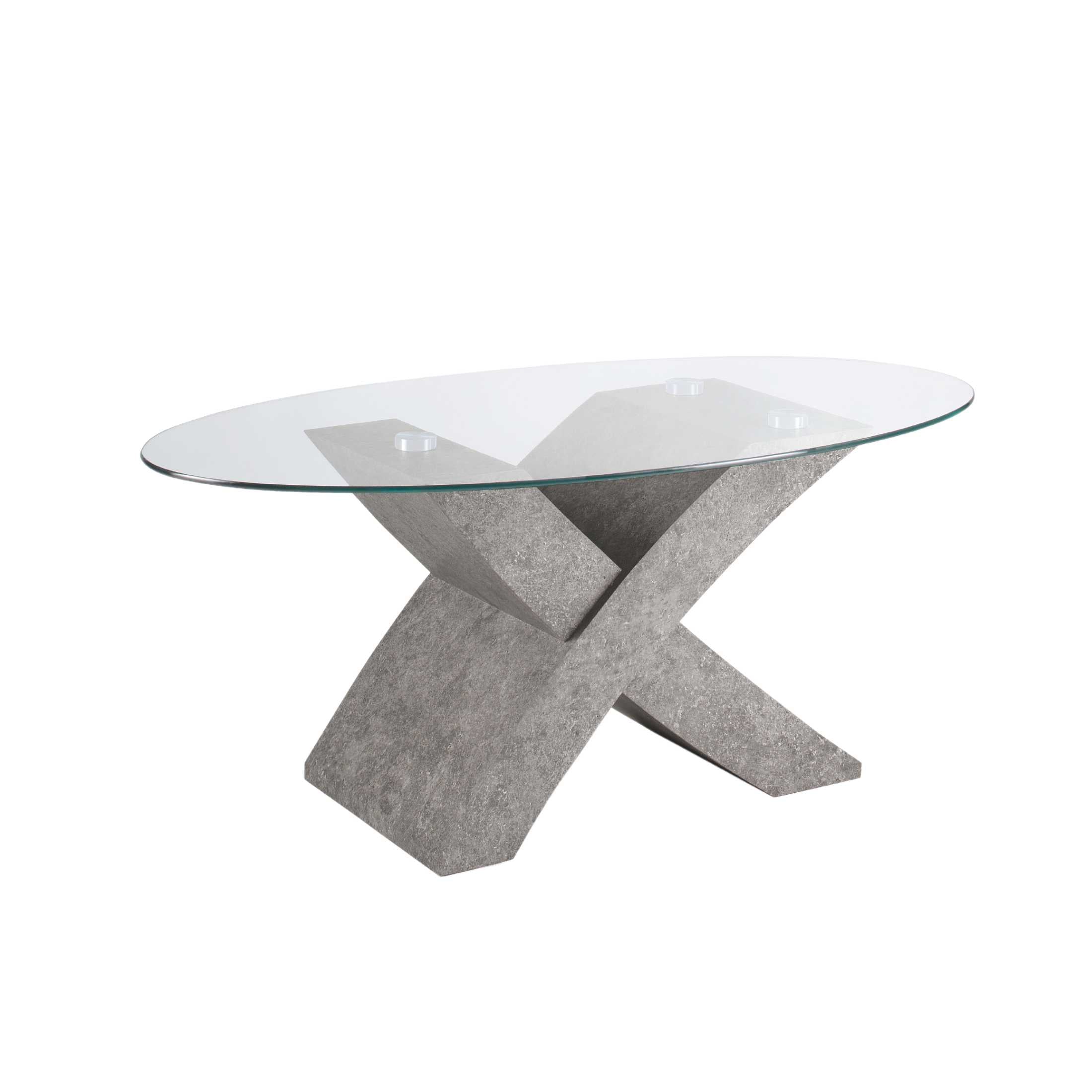 "Jeda" oval glass coffee table with wooden base, 110x59 cm, 45 cm high.