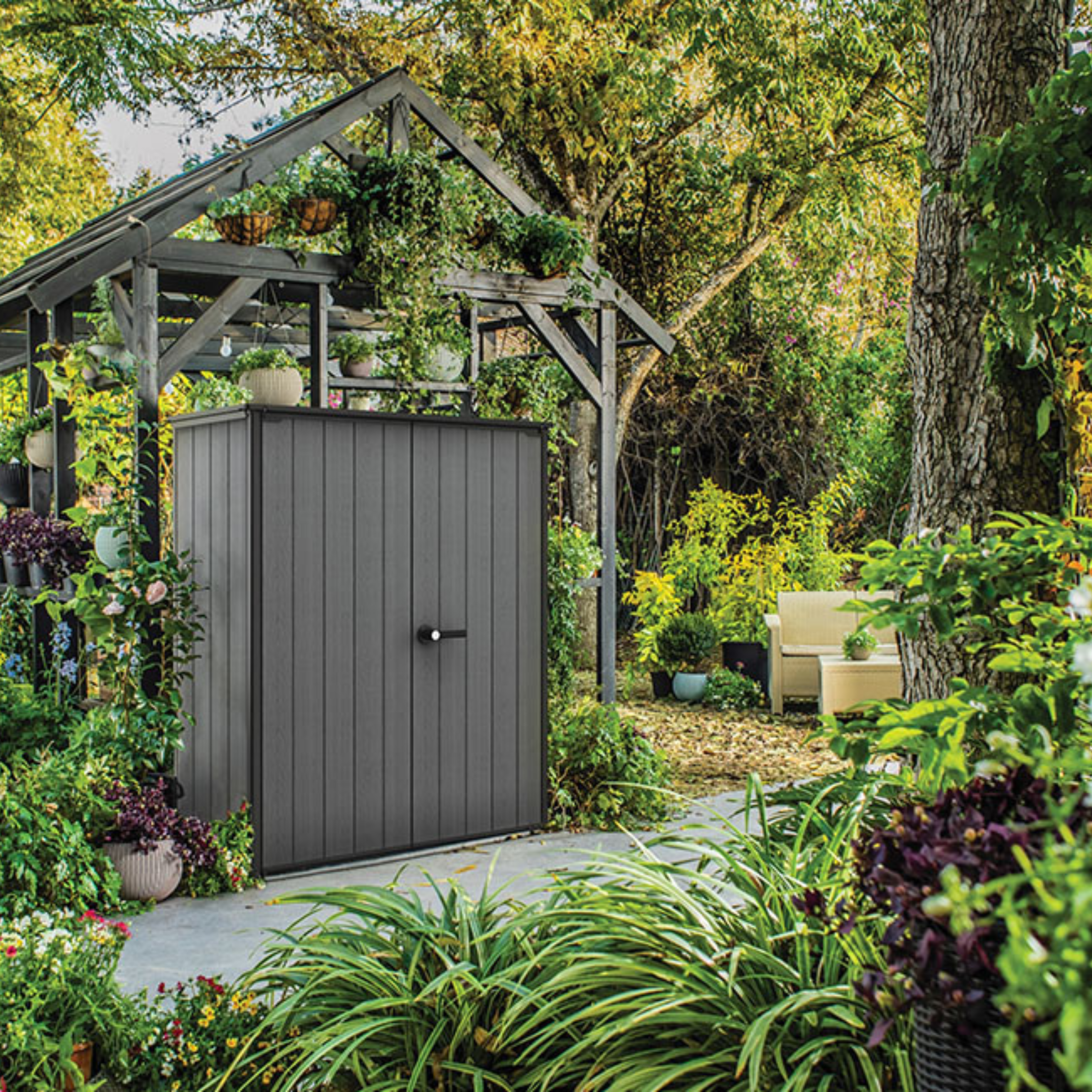 "Gnome" outdoor tool shed, grey, wood effect, spacious and resistant, 140x73.6 cm, 170.4 cm high
