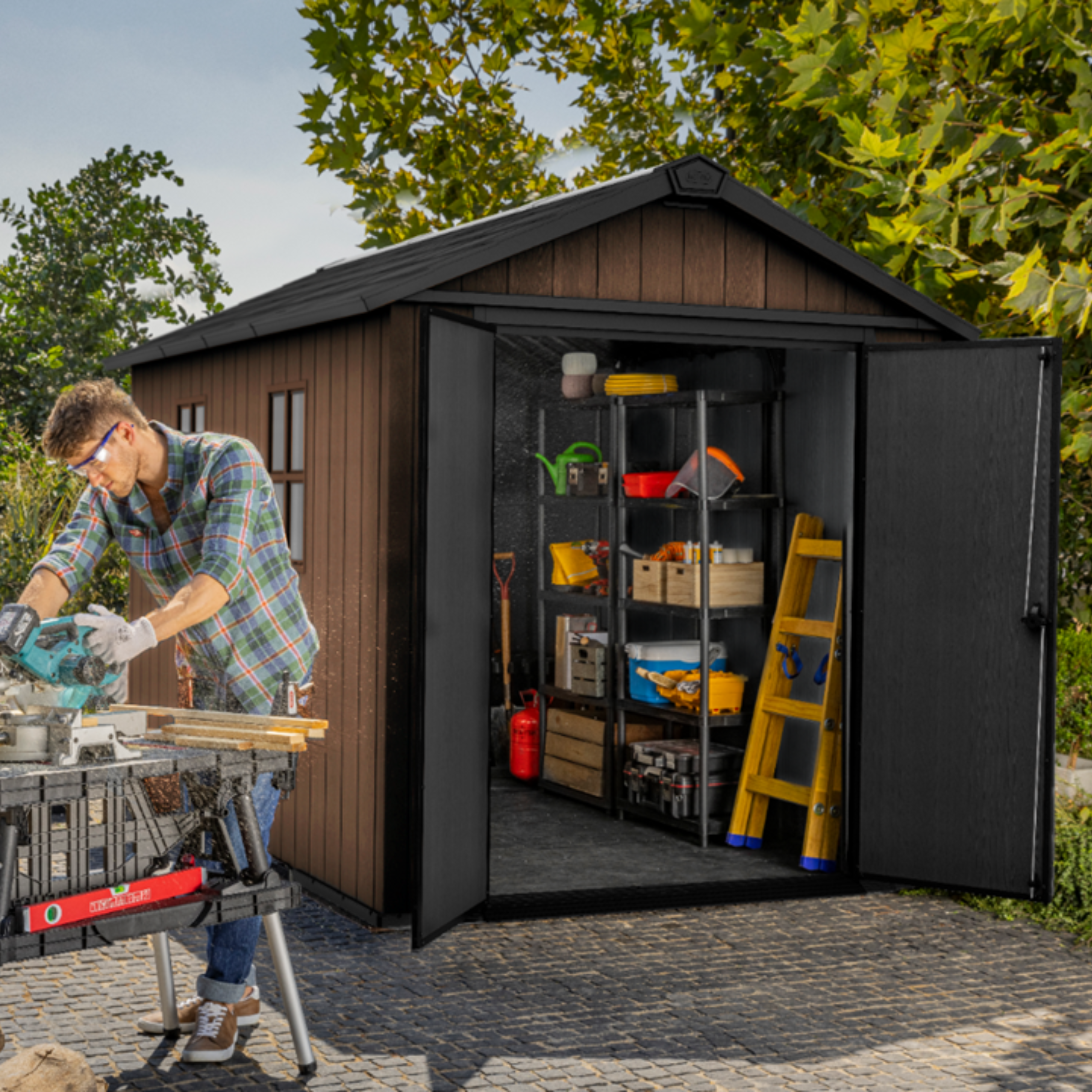 Evotech "Nido Plus 7511/1175" garden shed in brown with two mounting options