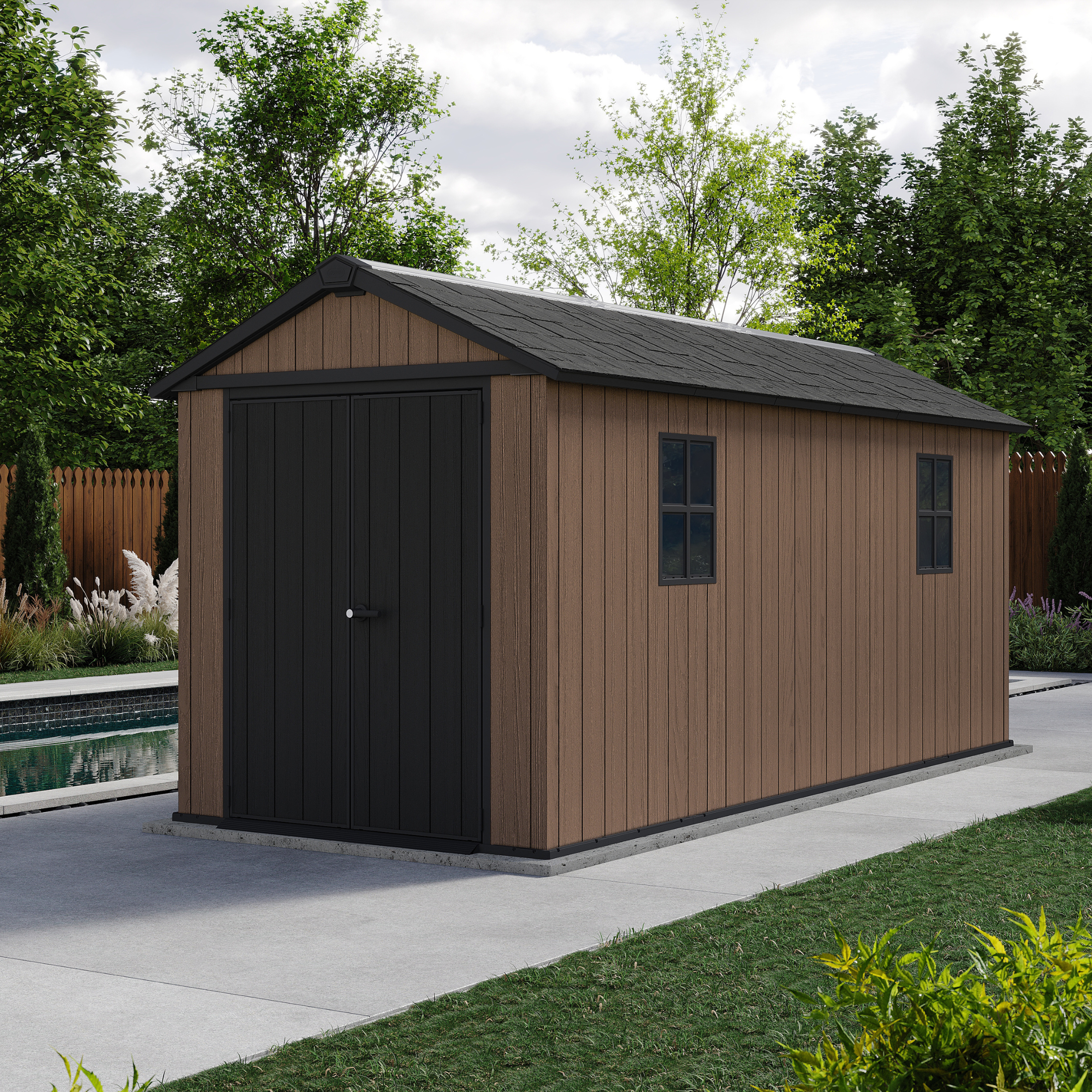 Evotech "Nido Plus 7515/1575" garden shed in brown with two mounting options