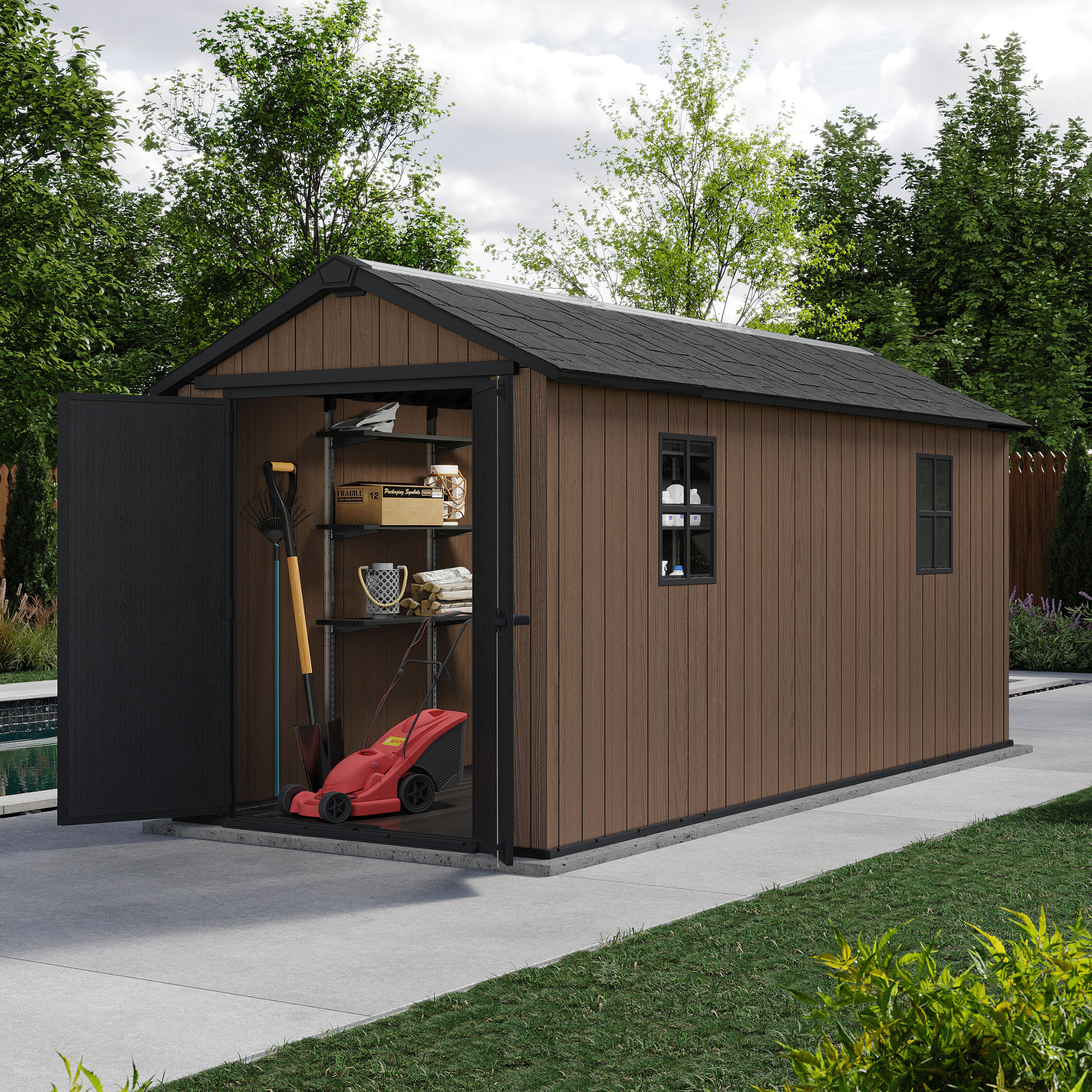 Evotech "Nido Plus 7515/1575" garden shed in brown with two mounting options