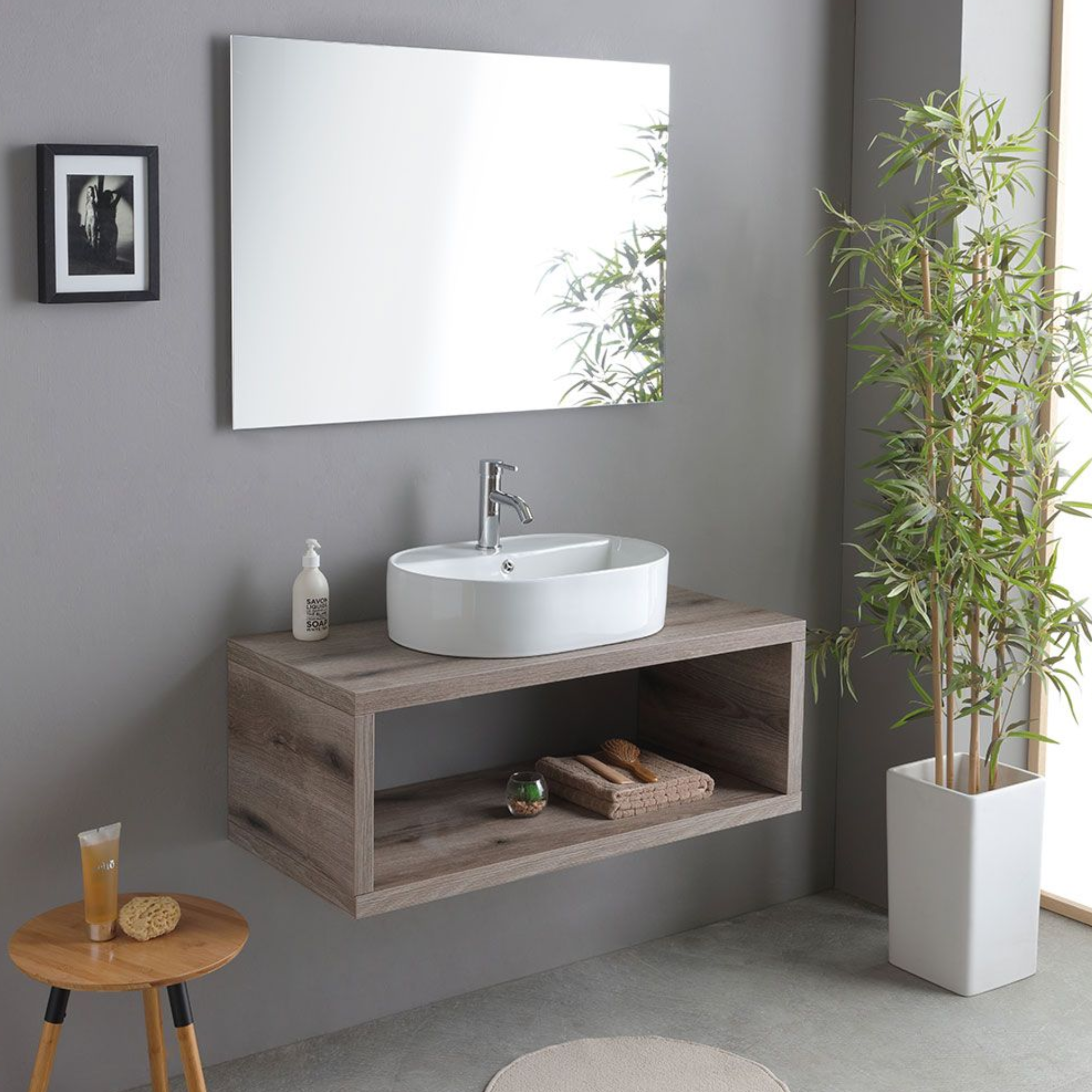 "Kos" 100cm wall-hung bathroom cabinet in fossil oak with oval white ceramic sink and rectangular mirror