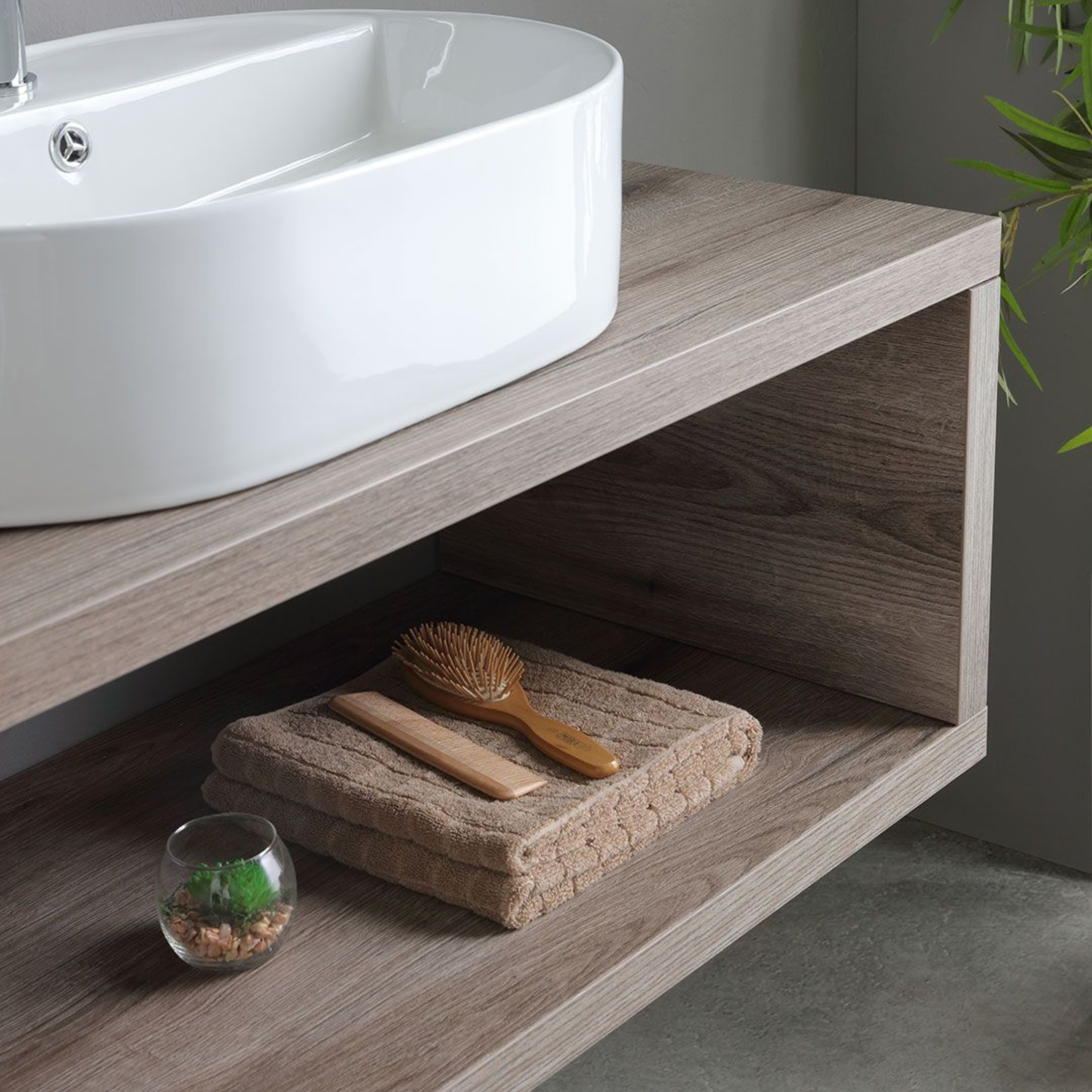 "Kos" 100cm wall-hung bathroom cabinet in fossil oak with oval white ceramic sink and rectangular mirror