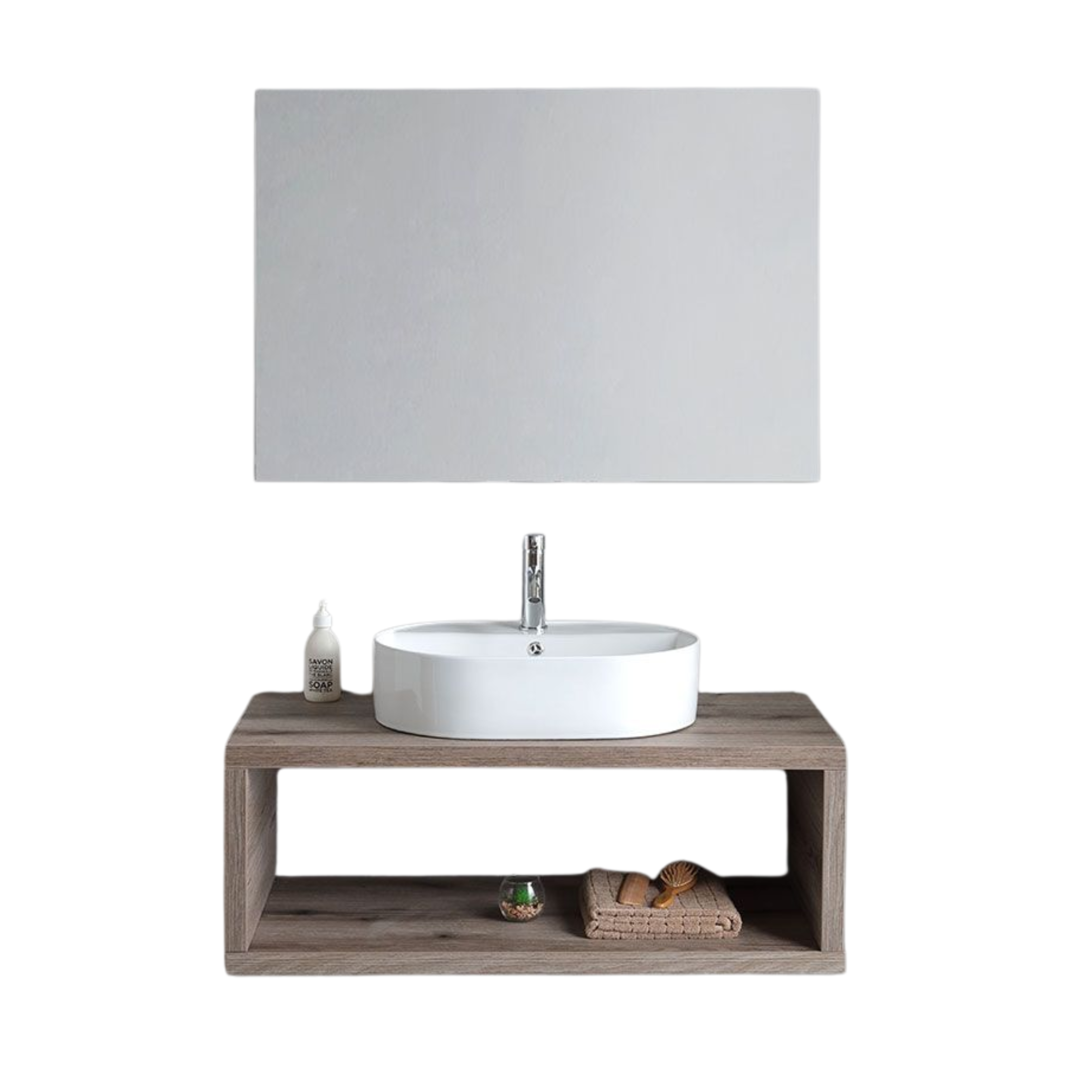 "Kos" 100cm wall-hung bathroom cabinet in fossil oak with oval white ceramic sink and rectangular mirror