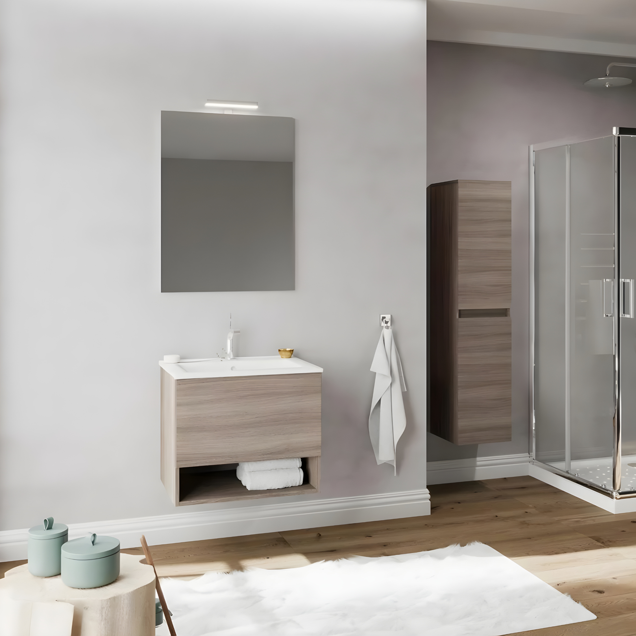 "Lunaris4" wall-hung bathroom cabinet with integrated sink storage compartment and LED mirror