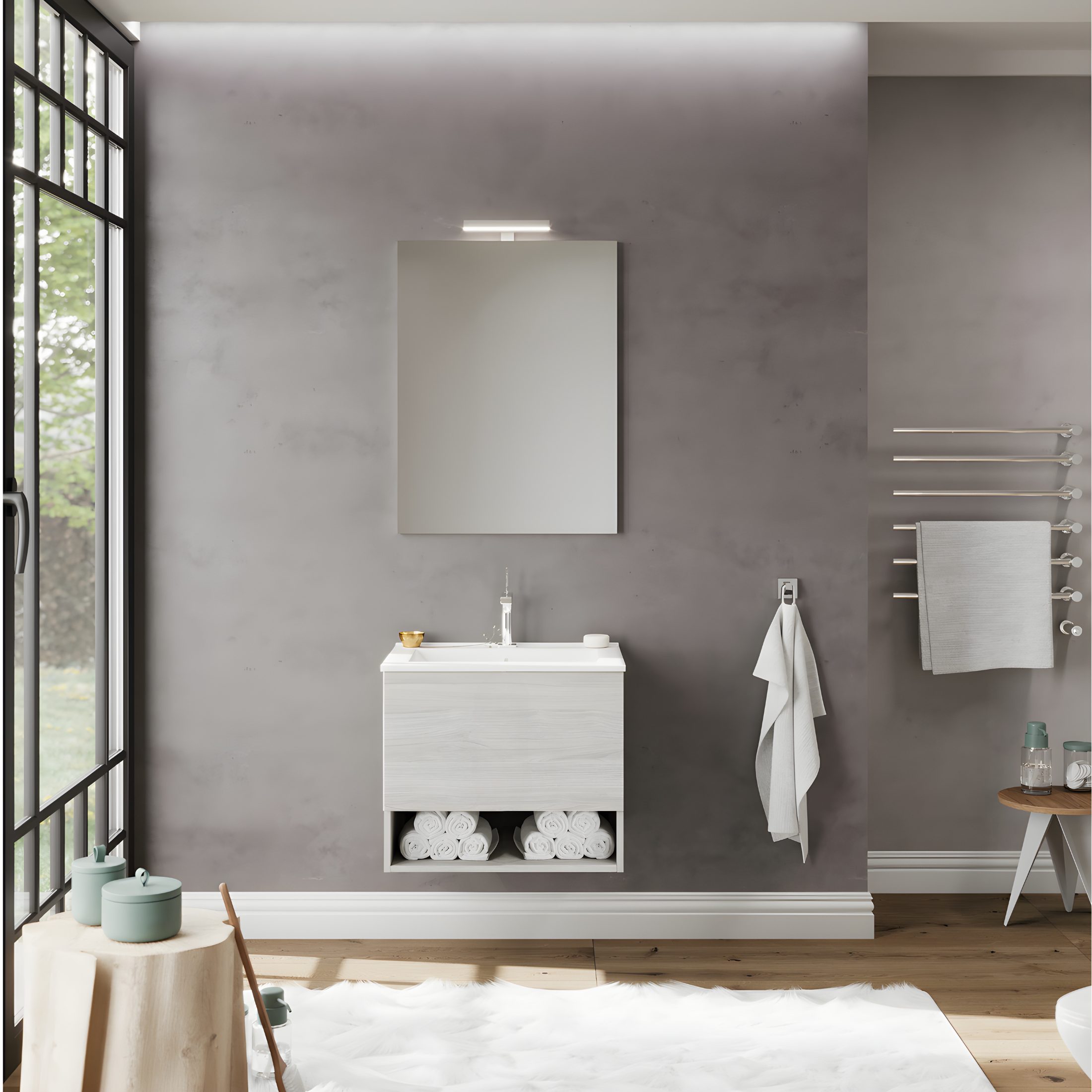 Mueble de baño suspendido "Lunaris4" con compartimento de almacenamiento para lavabo integrado y espejo LED