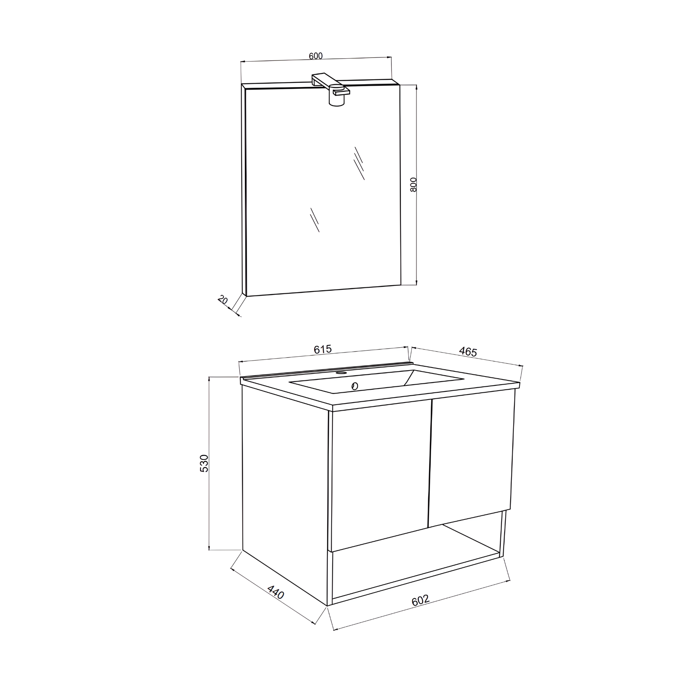 "Lunaris2" wall-hung bathroom cabinet with integrated sink and 2 modern doors with LED mirror