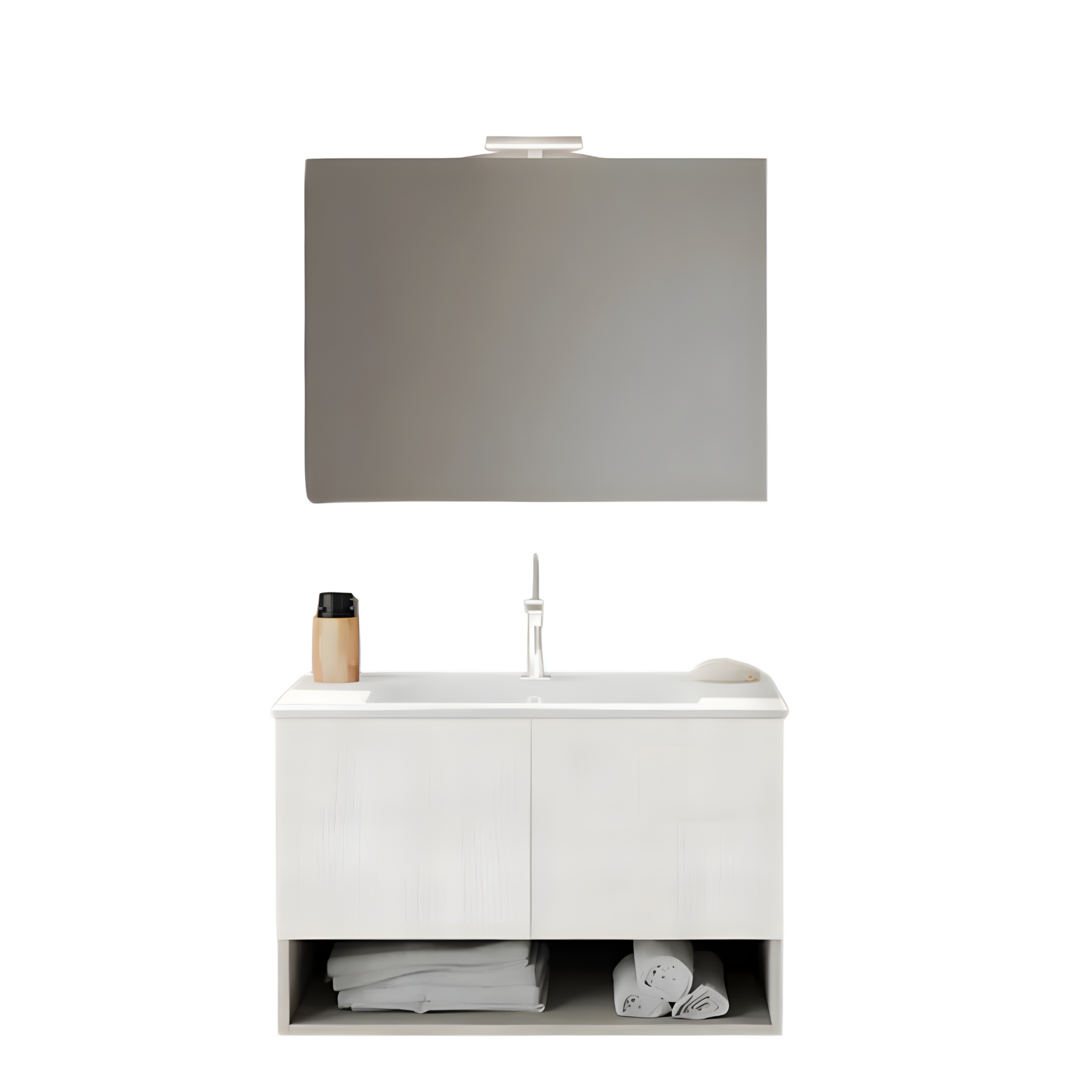 "Lunaris2" wall-hung bathroom cabinet with integrated sink and 2 modern doors with LED mirror