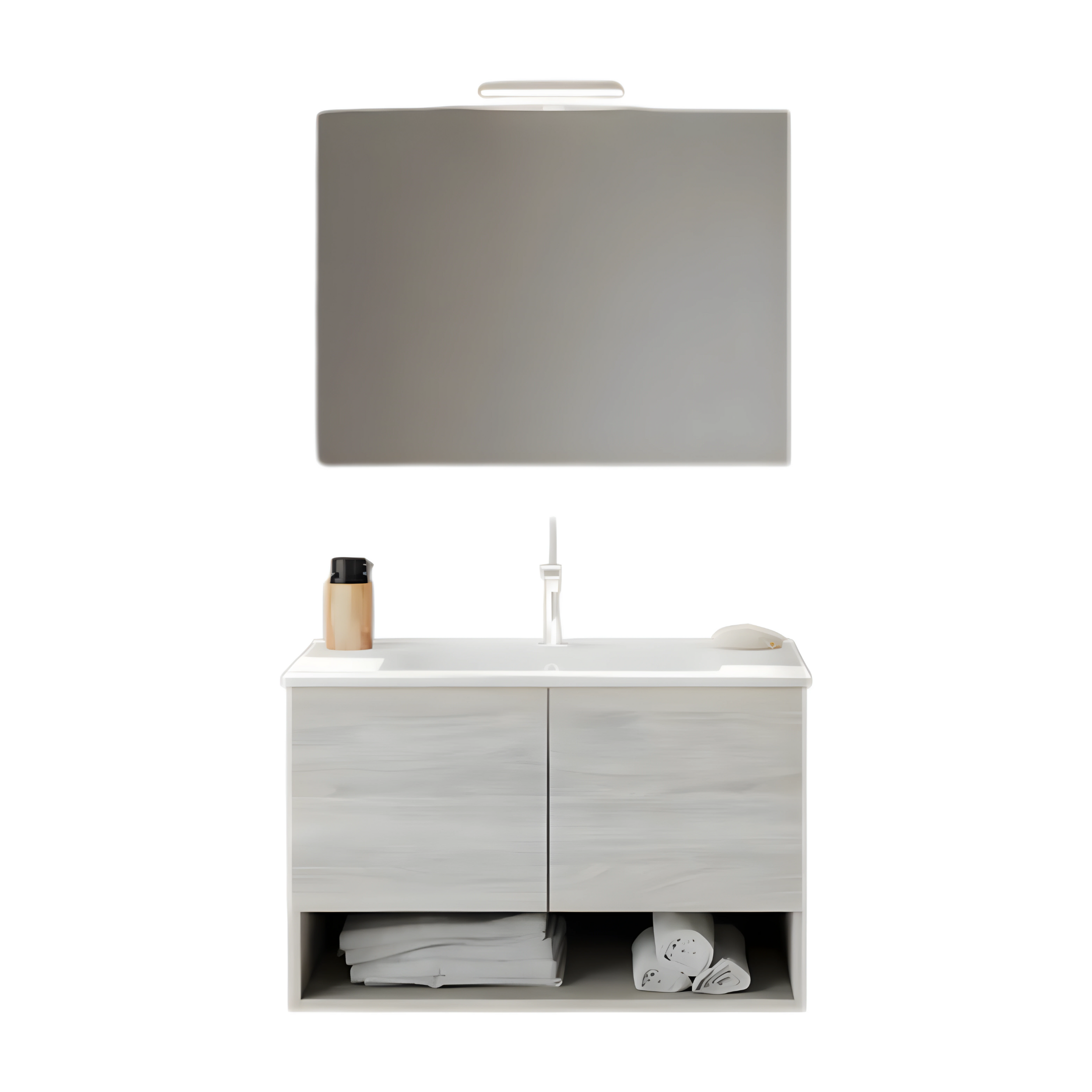 "Lunaris2" wall-hung bathroom cabinet with integrated sink and 2 modern doors with LED mirror