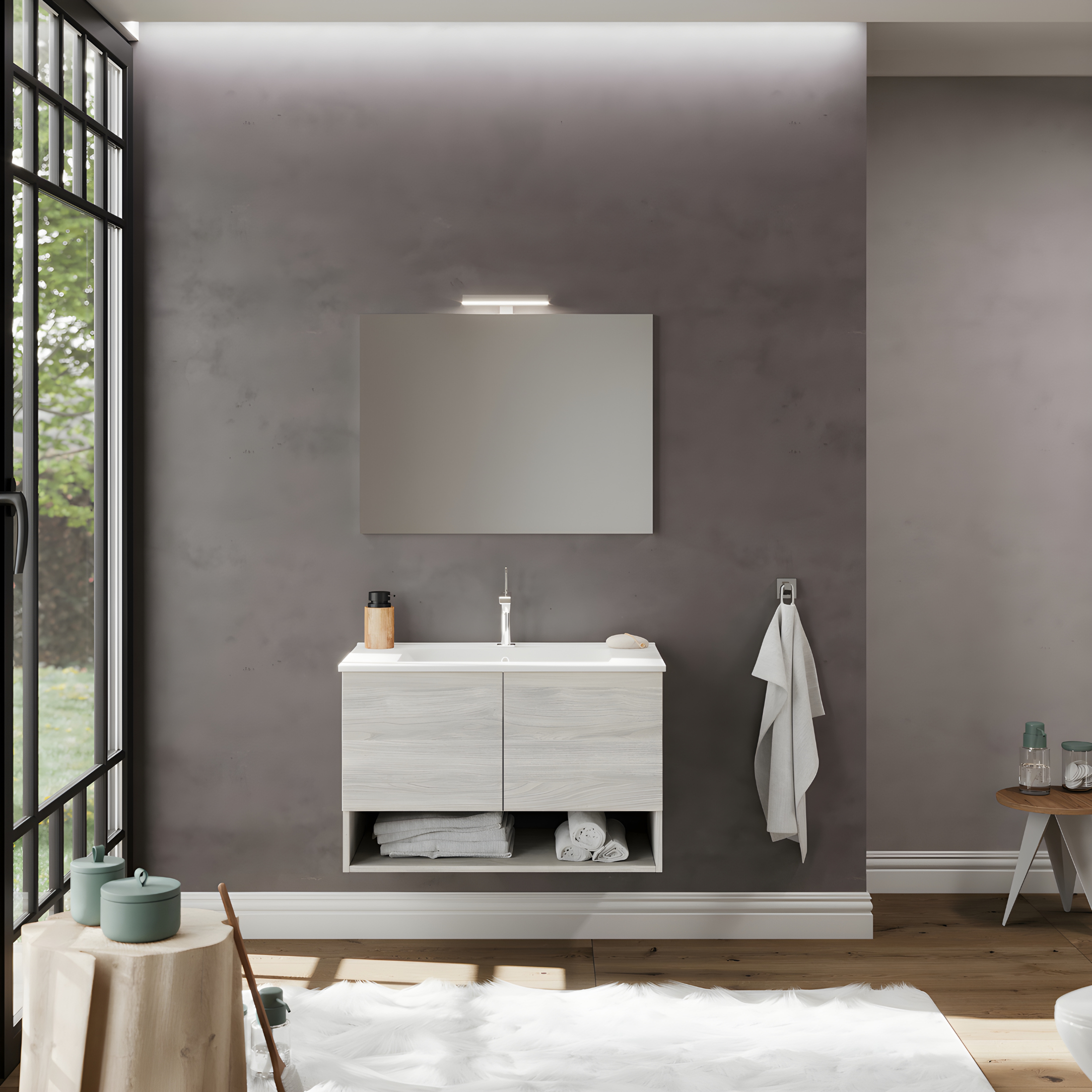 "Lunaris2" wall-hung bathroom cabinet with integrated sink and 2 modern doors with LED mirror