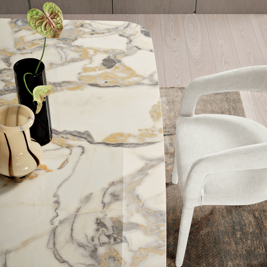 "Core" fixed dining table with glossy marble-effect ceramic top and perforated painted metal base, 210x110 cm, 75 cm high