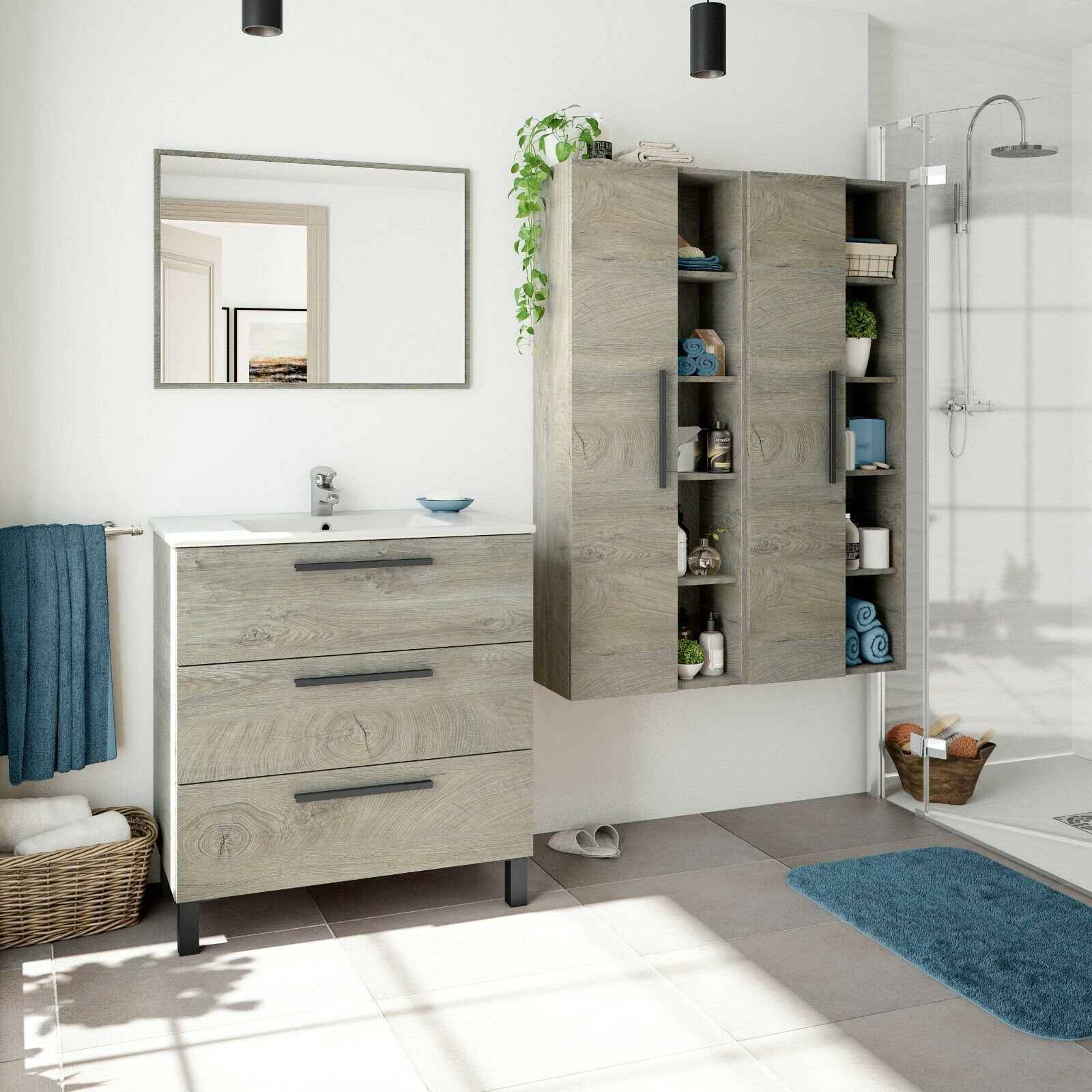"Athena" 3-drawer wooden bathroom cabinet under the sink with mirror and raised feet