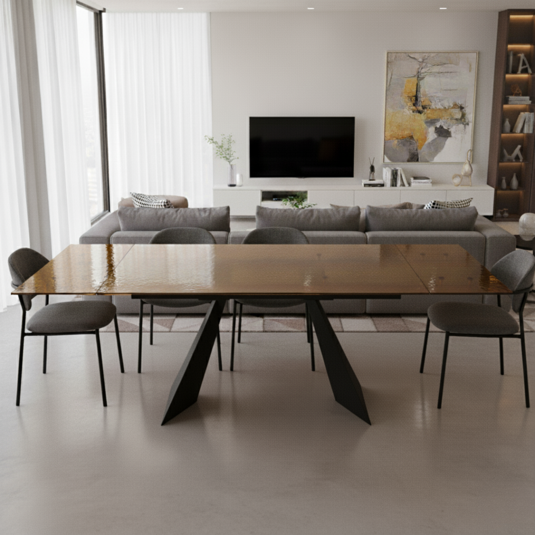 Extendable rectangular table "Walter" with transparent hammered glass top, 160/240x90 cm, 75 cm high