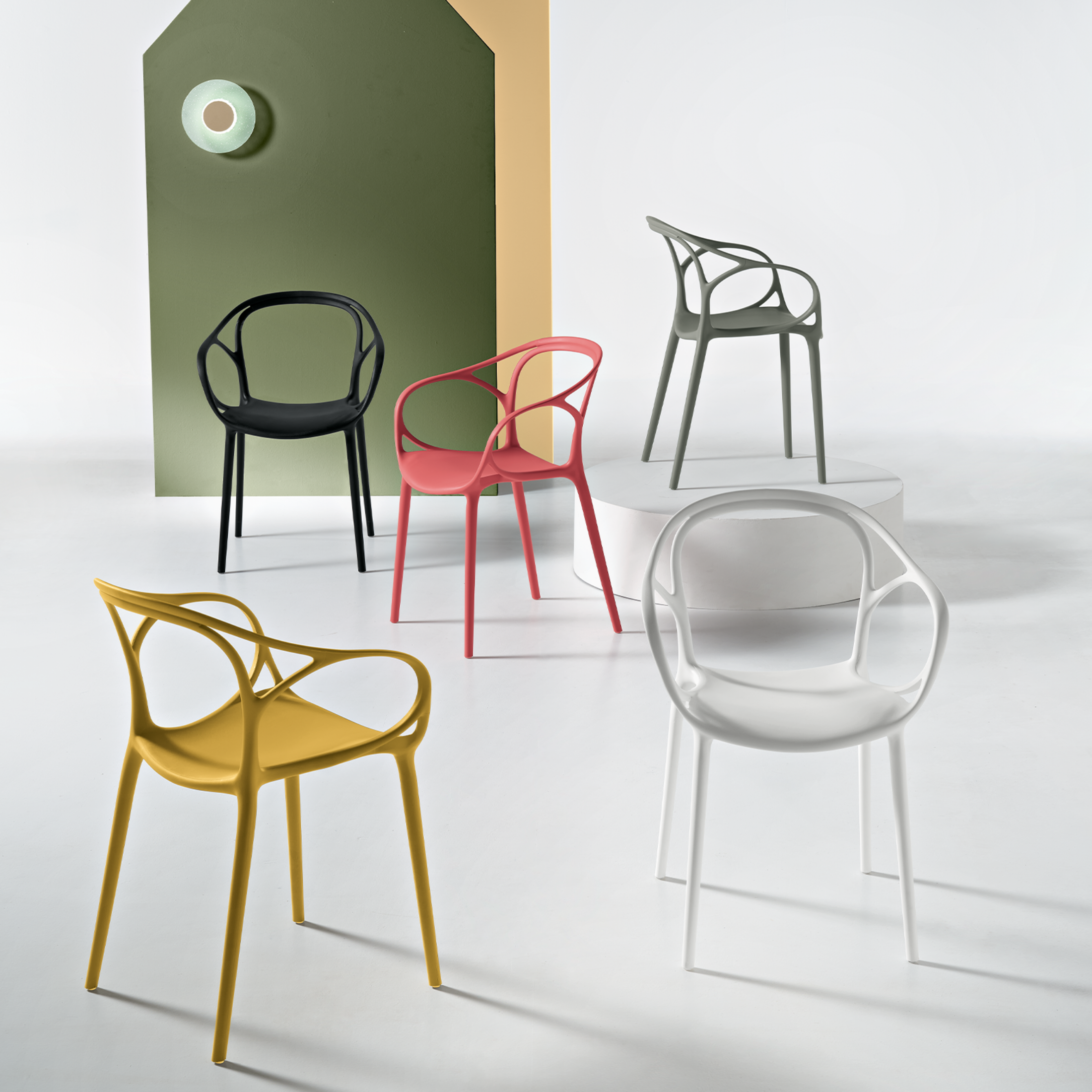 Set of modern "Mistral" dining chairs in versatile polypropylene, 57x55 cm, 80 cm high.