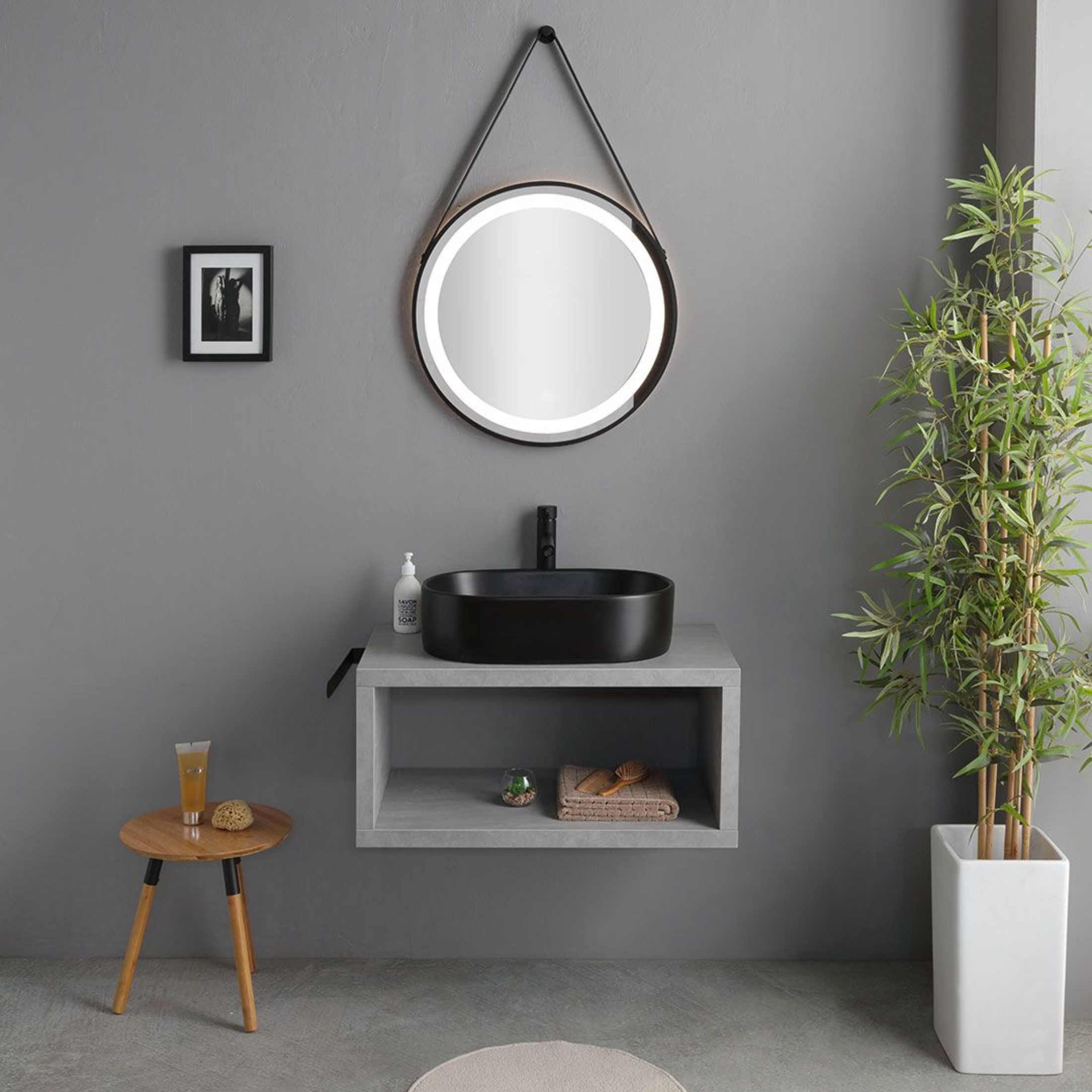 "Monaco" 80cm grey wall-hung bathroom cabinet with oval matt black countertop washbasin and round LED mirror