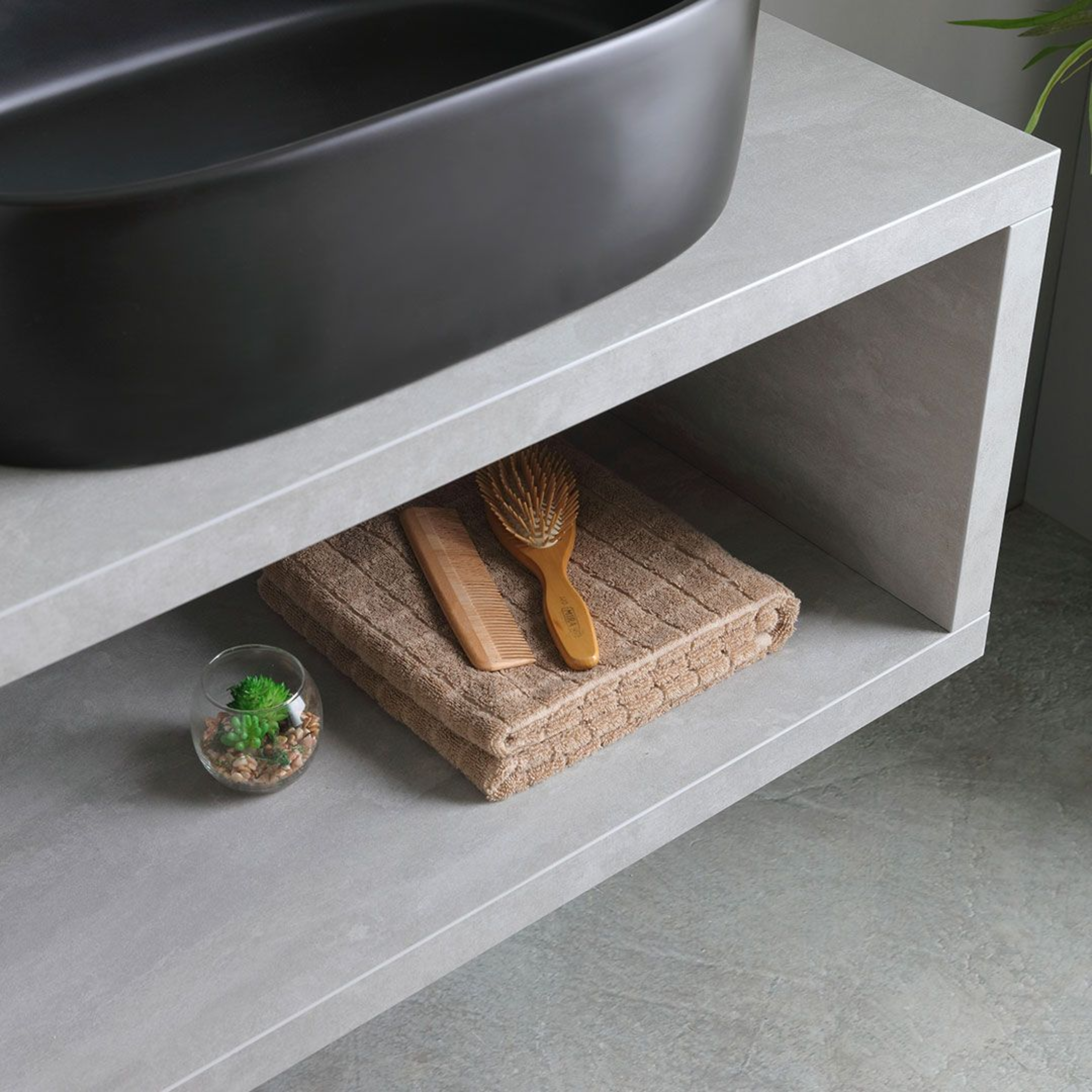 "Monaco" 80cm grey wall-hung bathroom cabinet with oval matt black countertop washbasin and round LED mirror