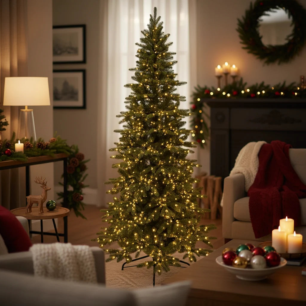 Albero di Natale slim "Theon" con Led 100 % PE Effetto Real Touch di Altissima Qualità