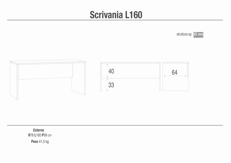 Scrivania in legno moderna "Giulia" rettangolare da studio cm 160x69 76h