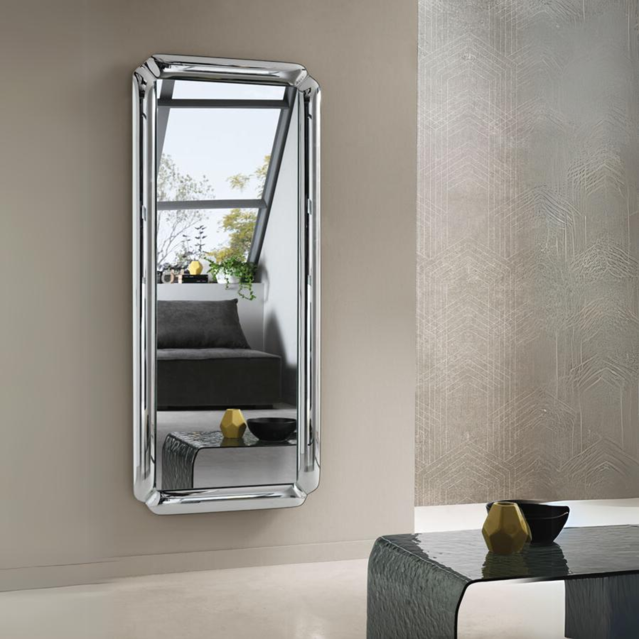 Modern "Odissea" wall mirror with elegant fused glass frame, 70x160 cm.