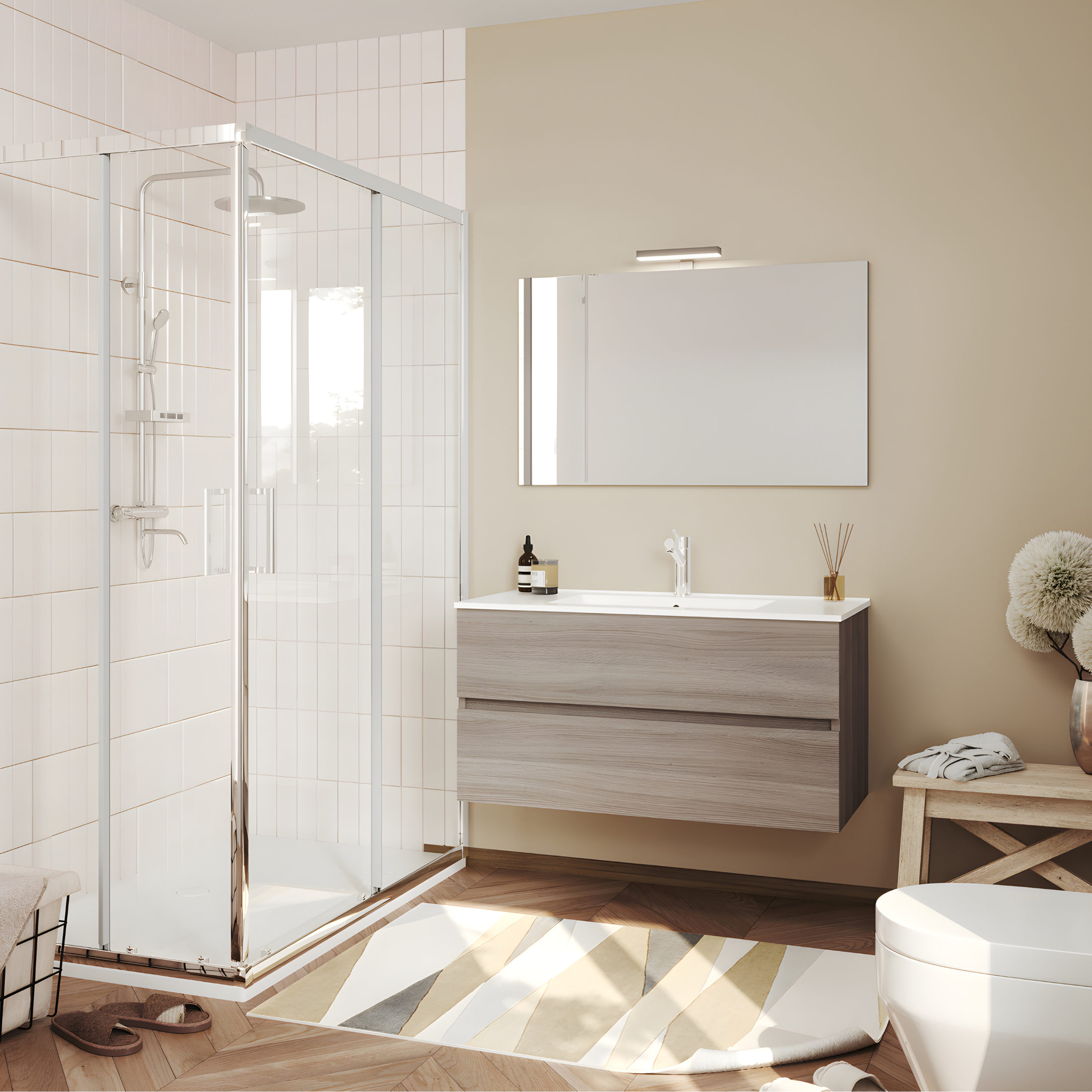 Modern wall-hung bathroom furniture "Tara" with 2 drawers, built-in sink and LED mirror