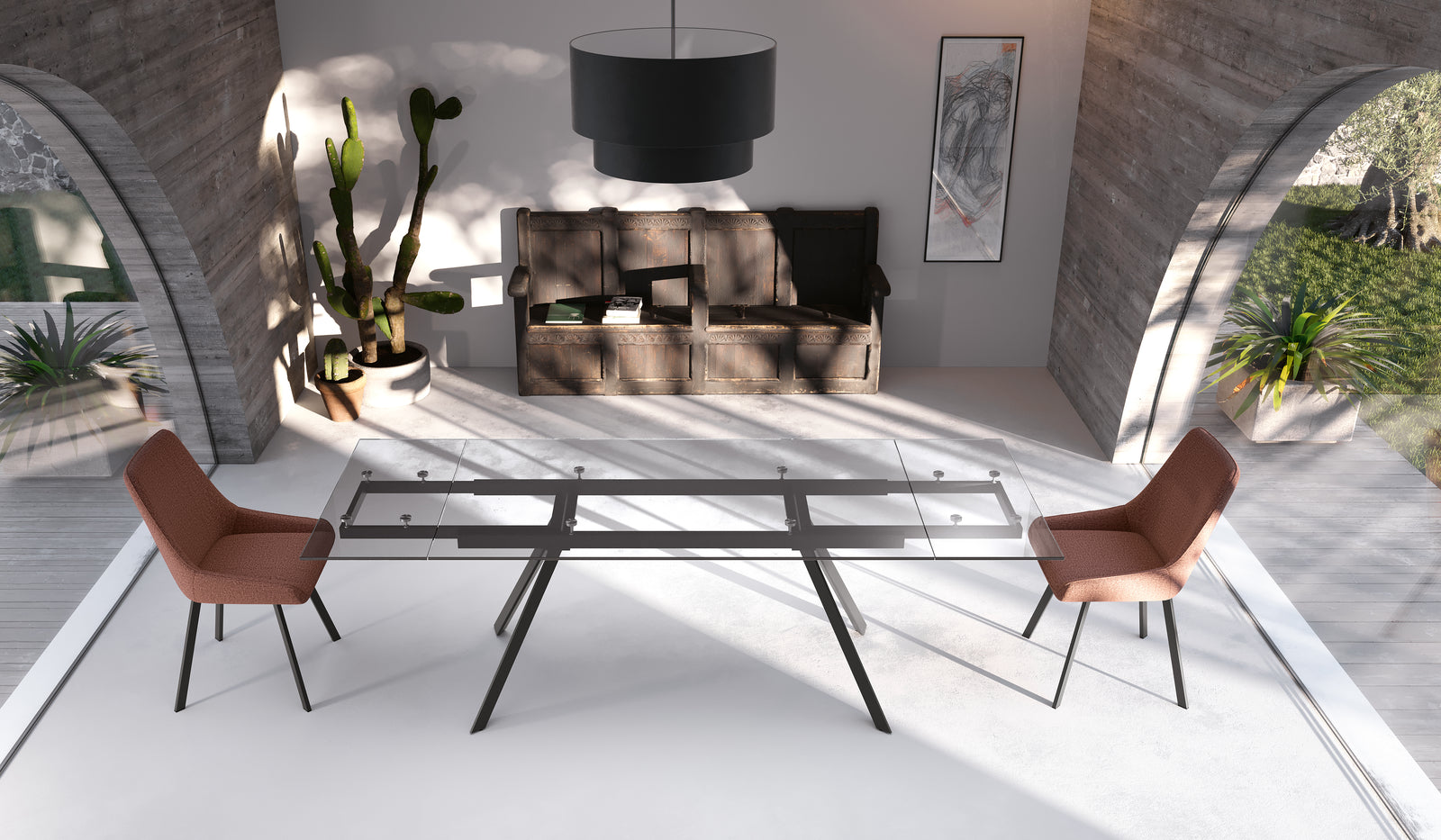 Extendable "Smokey" table with tempered glass top, 160/240x90 cm, h76 cm