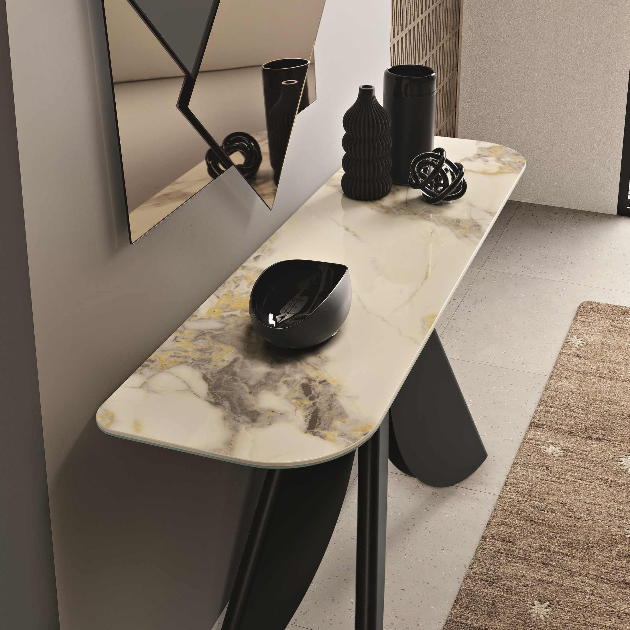 "Versus" console table with black or pearl beige painted metal base, 140x40 cm, 76h
