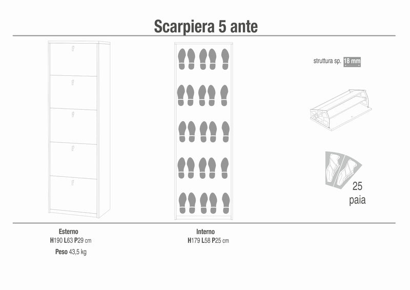 "Naomi" 5-door wooden shoe rack, 63x18 cm, 190 cm high