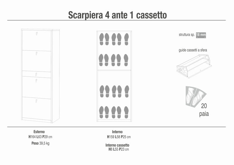 "Rebecca" 4-door, 1-drawer wooden shoe rack, 63x29 cm, 164 cm high