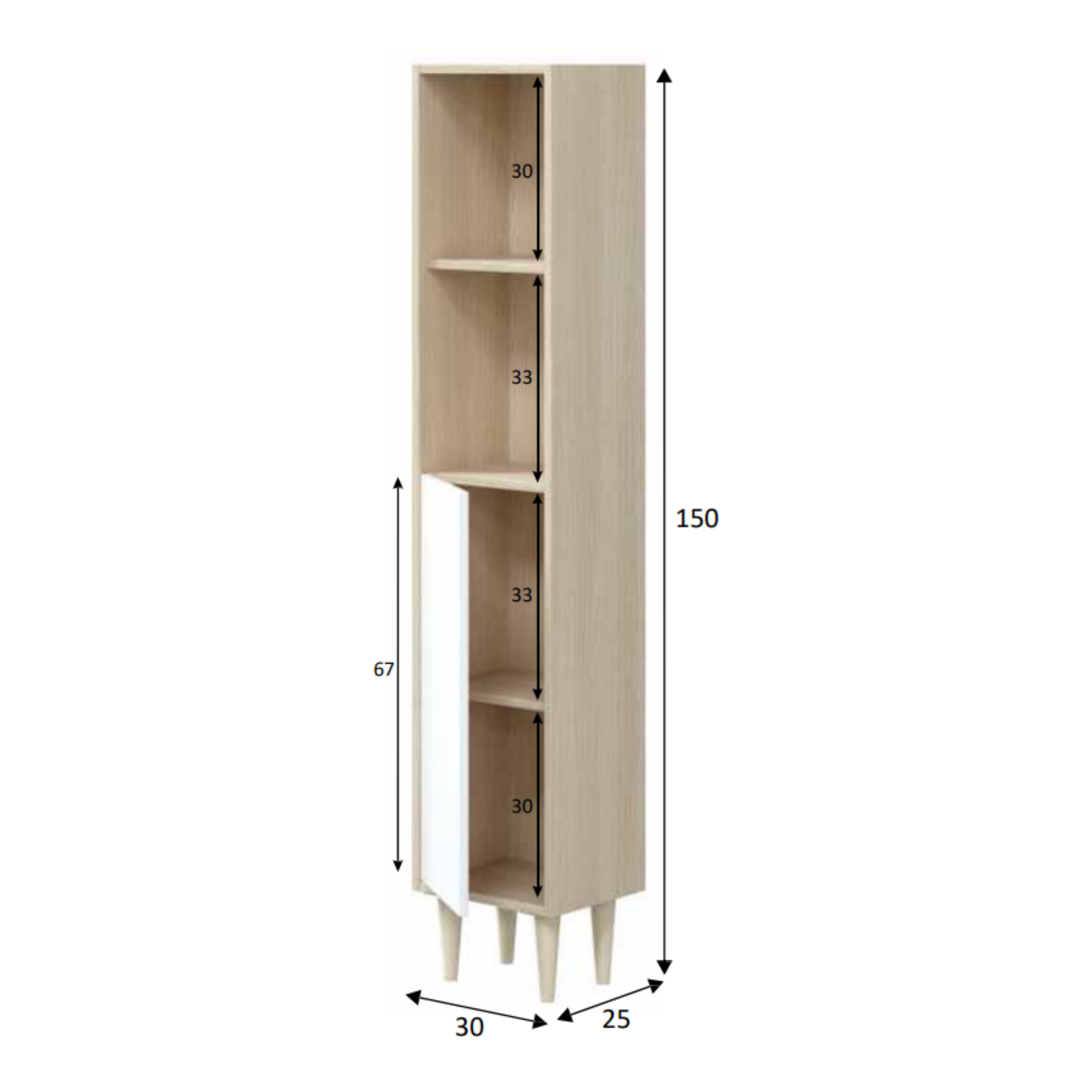 "Verona" bathroom wall unit with 1 door and 2 open shelves in white chipboard and oak