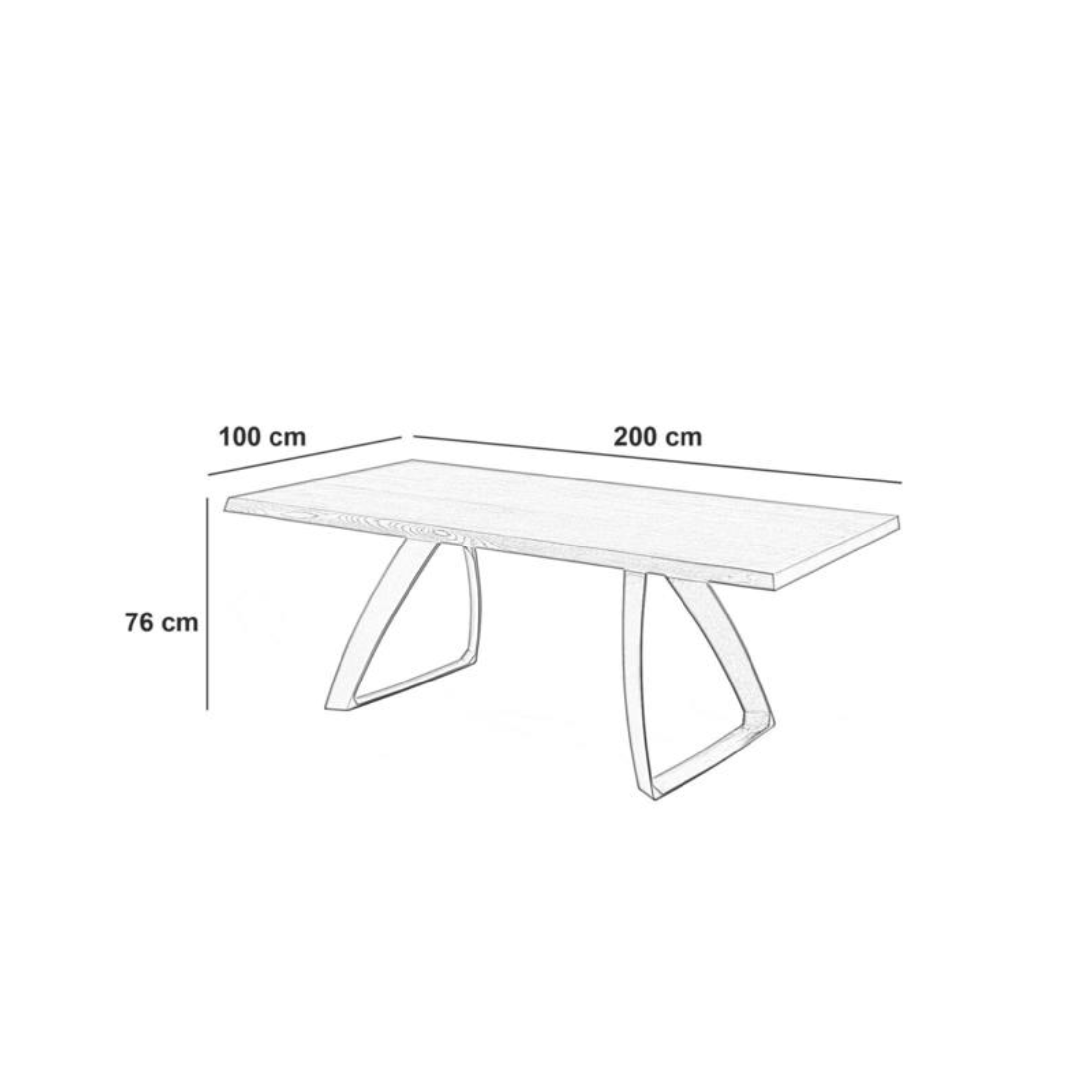 "Enzo" fixed table with wooden top and metal legs, 200x100 cm, 76 cm high.