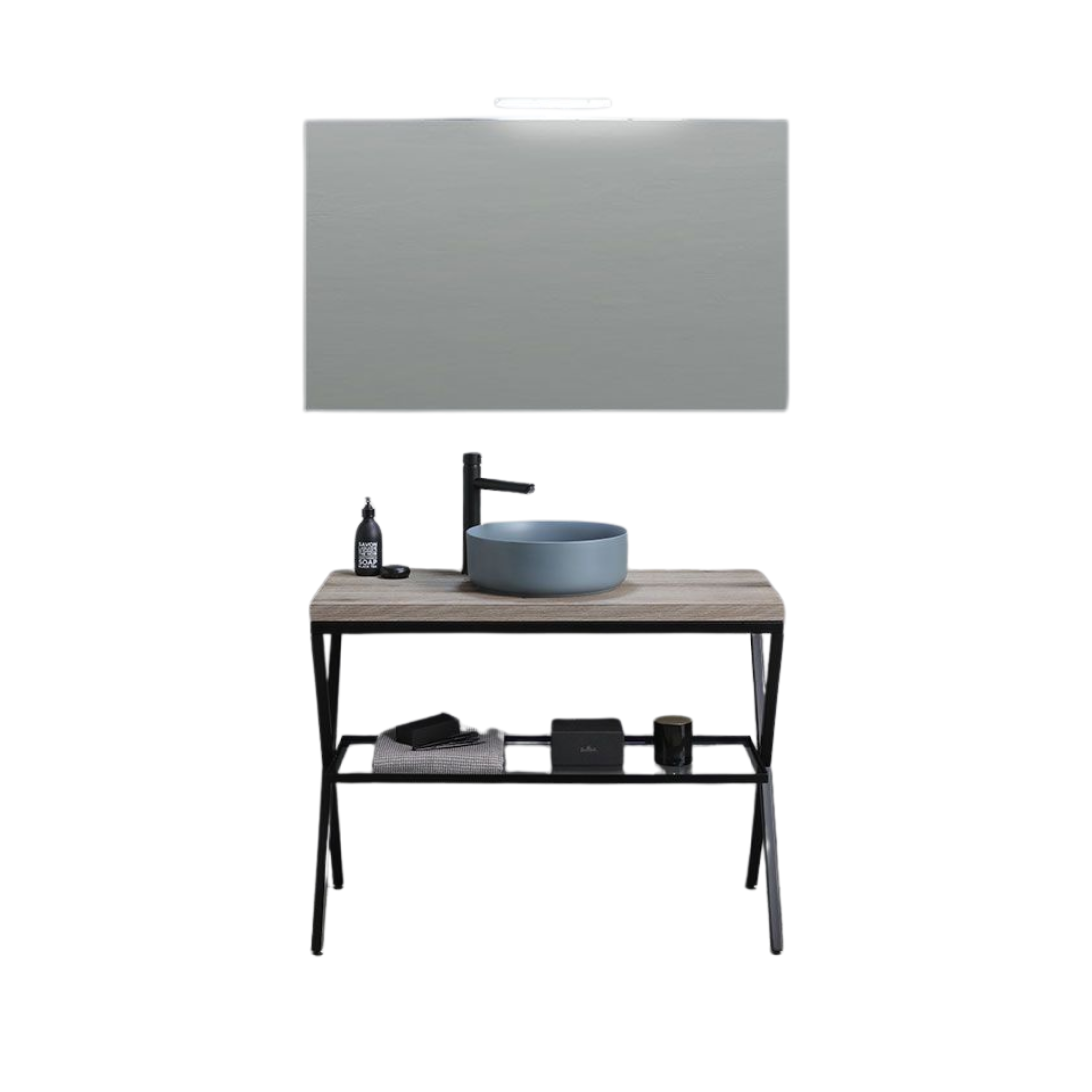 "Medellín" 100cm floor-standing bathroom cabinet in fossil oak with round grey ceramic sink and rectangular mirror