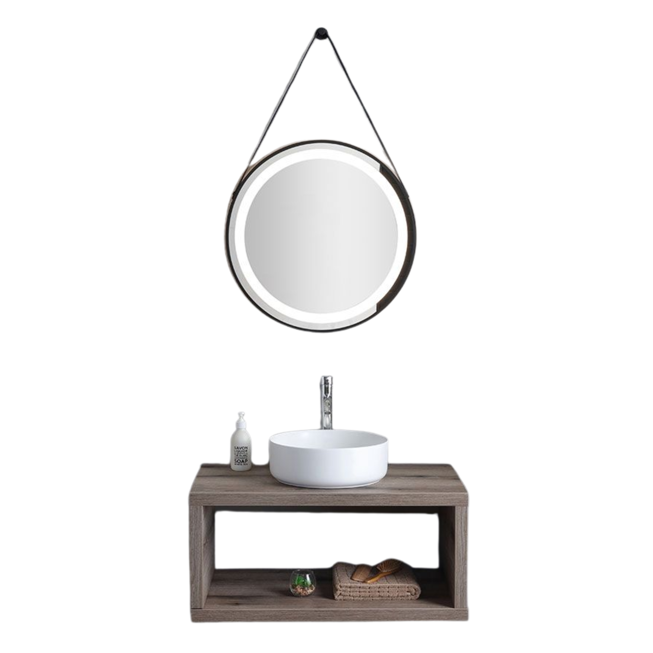 "Paros" 80cm wall-hung bathroom cabinet in fossil oak with round white sink and mirror