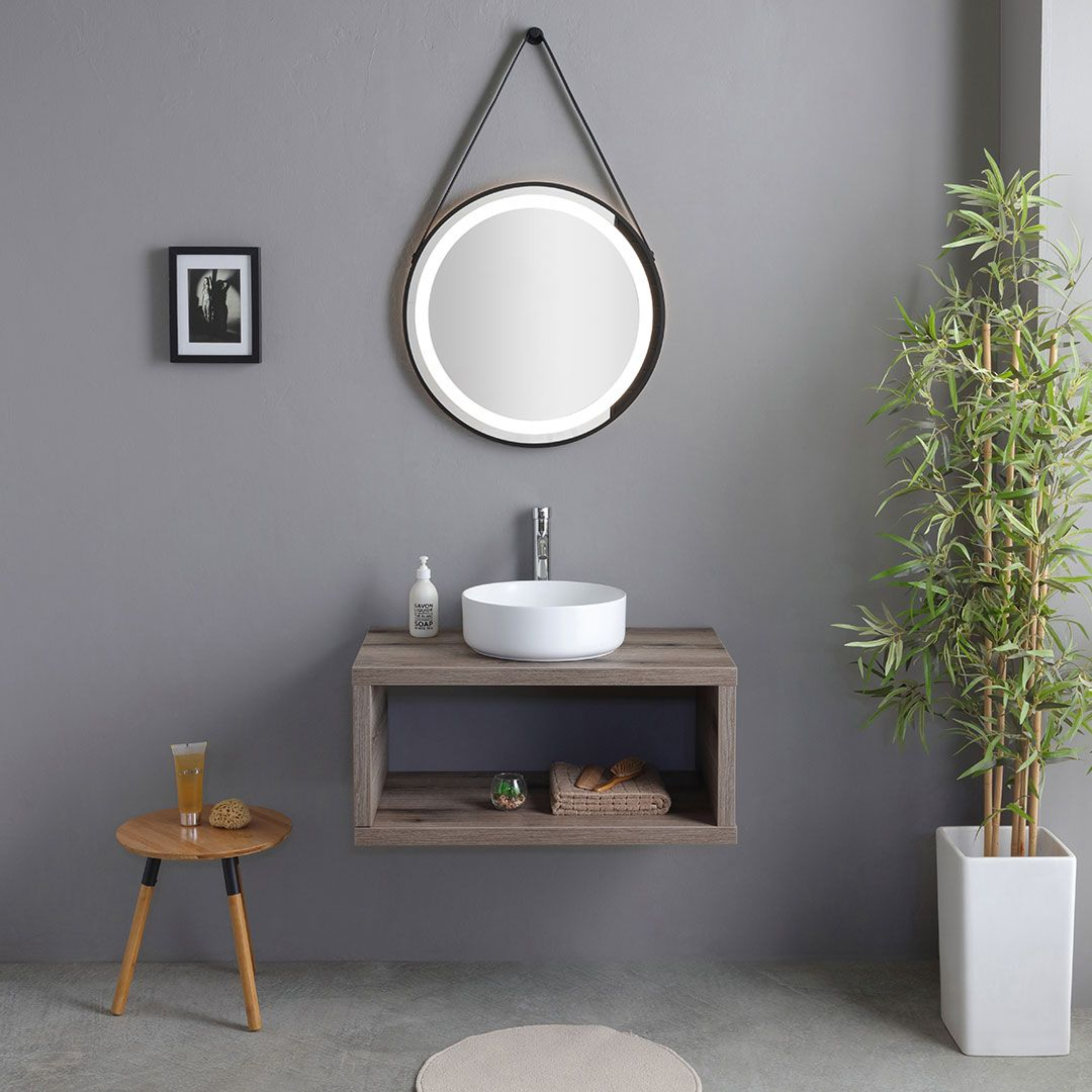 "Paros" 80cm wall-hung bathroom cabinet in fossil oak with round white sink and mirror