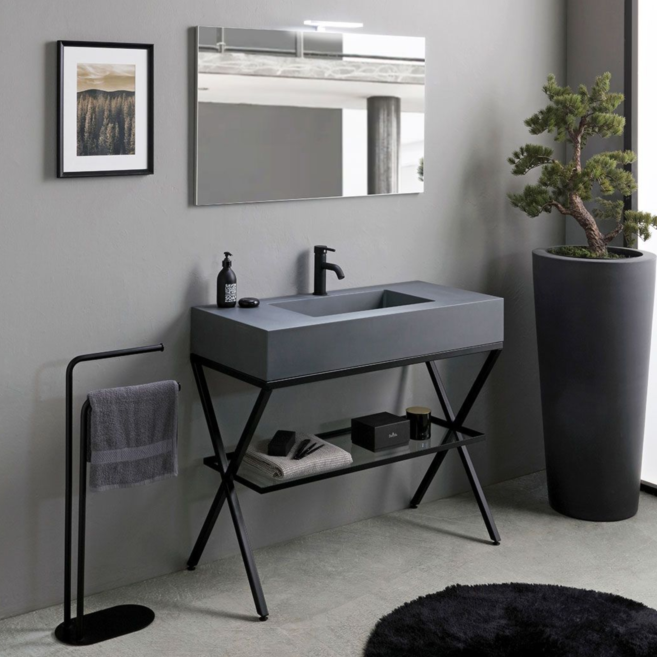 "Petra" modern floor-standing bathroom cabinet with mirror, sink and 100 cm glass shelf