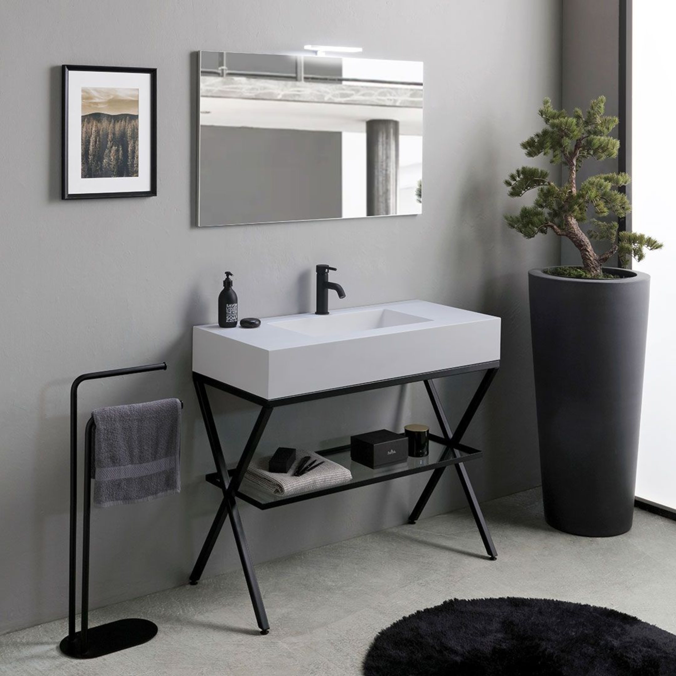 "Petra" modern floor-standing bathroom cabinet with mirror, sink and 100 cm glass shelf