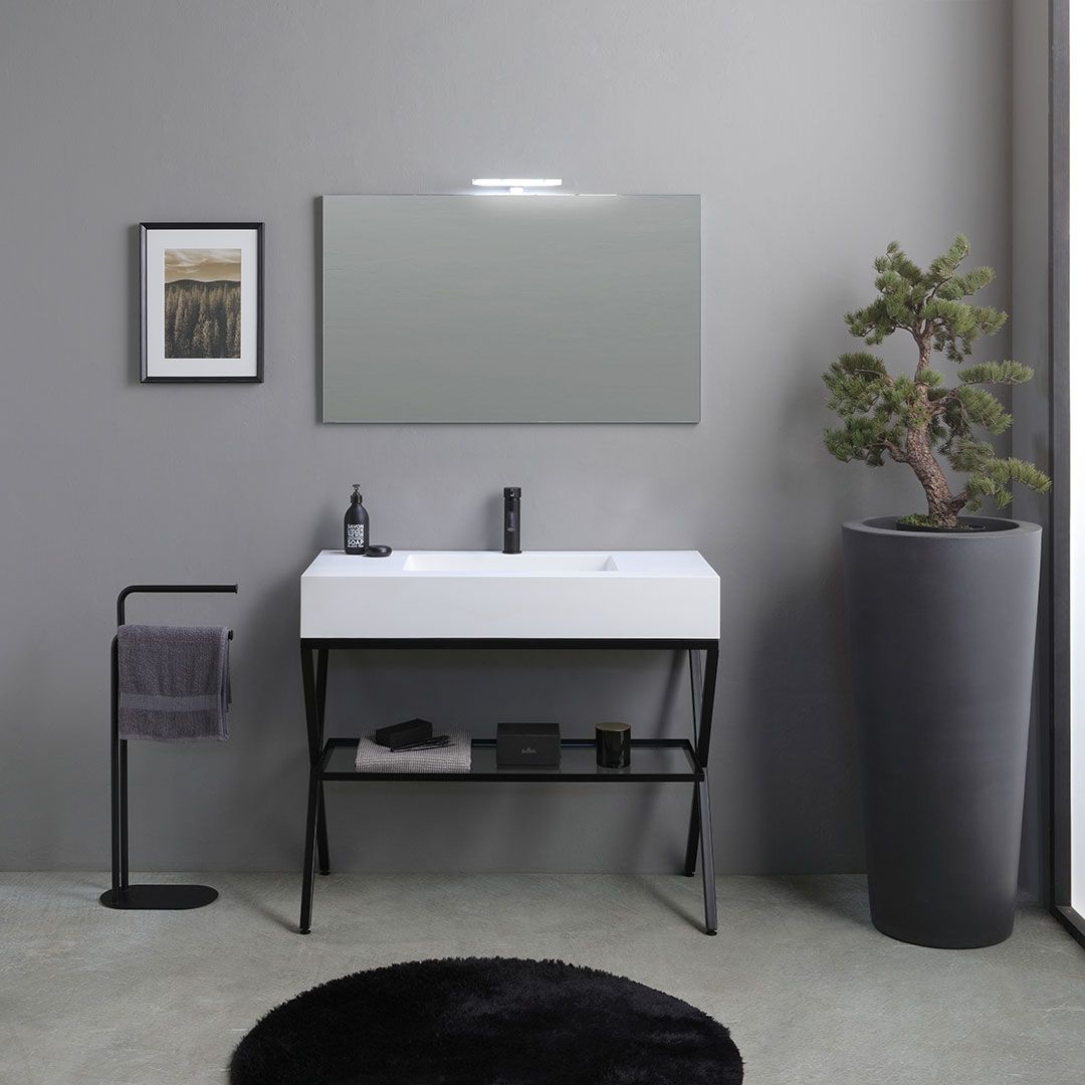 "Petra" modern floor-standing bathroom cabinet with mirror, sink and 100 cm glass shelf