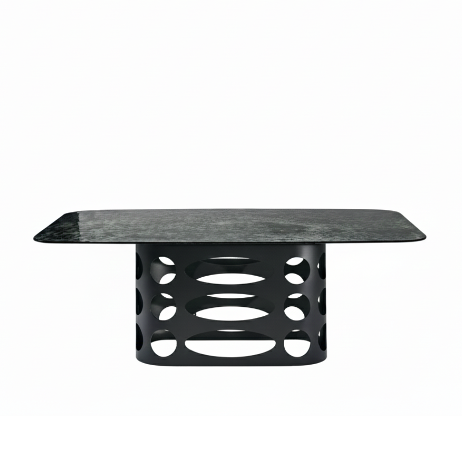 Fixed modern "Clover" table with back-silvered hammered glass top, 210x110 cm, 75 cm high