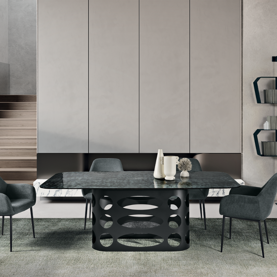 Fixed modern "Clover" table with back-silvered hammered glass top, 210x110 cm, 75 cm high