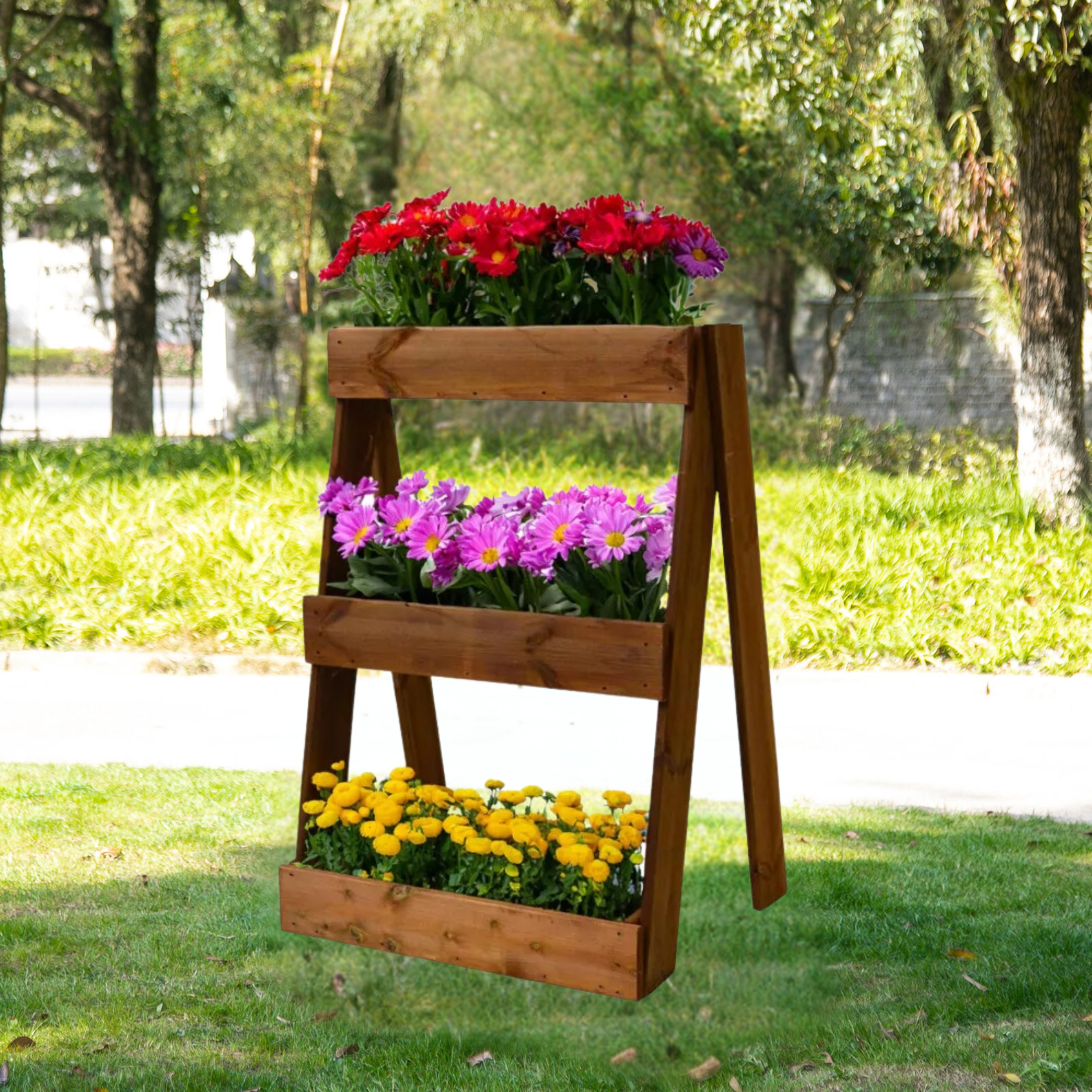 "Prato" sloping pine wood planter for garden or balcony, chestnut color