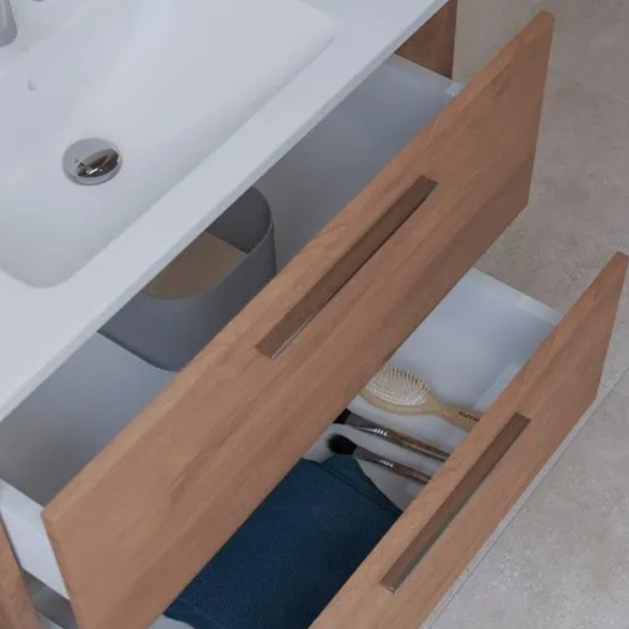Mobile da bagno sospeso "Vitrax" in legno con 2 cassetti lavabo specchio e lampada