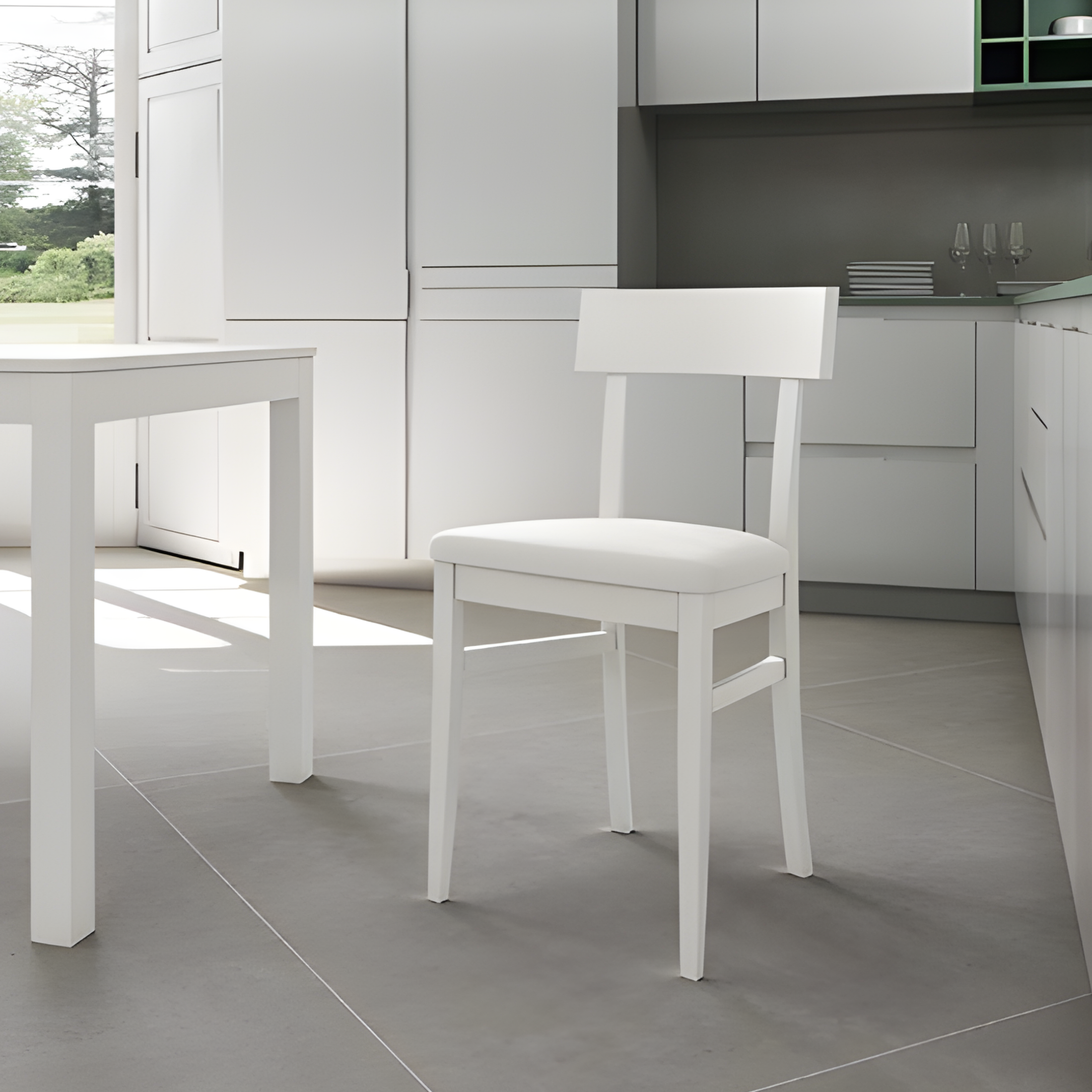 Set of "Siena" living room chairs in lacquered wood, modern upholstered, 44x45 cm, 82 cm high.